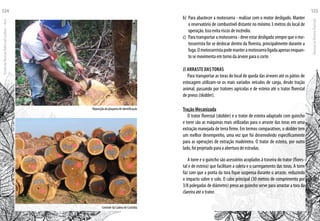 b) 	Para abastecer a motosserra - realizar com o motor desligado. Manter
o reservatório de combustível distante no mínimo 3 metros do local de
operação. Isso evita riscos de incêndio.
c) 	Para transportar a motosserra - deve estar desligada sempre que o mo-
tosserrista for se deslocar dentro da floresta, principalmente durante a
fuga.Omotosserristapodemanteramotosserraligadaapenasenquan-
to se movimenta em torno da árvore para o corte.
j) Arraste das Toras
Para transportar as toras do local de queda das árvores até os pátios de
estocagem utilizam-se os mais variados veículos de carga, desde tração
animal, passando por tratores agrícolas e de esteira até o trator florestal
de pneus (skidder).
Tração Mecanizada
O trator florestal (skidder) e o trator de esteira adaptado com guincho
e torre são as máquinas mais utilizadas para o arraste das toras em uma
extração manejada de terra firme. Em termos comparativos, o skidder tem
um melhor desempenho, uma vez que foi desenvolvido especificamente
para as operações de extração madeireira. O trator de esteira, por outro
lado, foi projetado para a abertura de estradas.
A torre e o guincho são acessórios acoplados à traseira do trator (flores-
tal e de esteira) que facilitam a coleta e o carregamento das toras. A torre
faz com que a ponta da tora fique suspensa durante o arraste, reduzindo
o impacto sobre o solo. O cabo principal (30 metros de comprimento por
3/8 polegadas de diâmetro) preso ao guincho serve para arrastar a tora da
clareira até o trator.
Reposição da plaqueta de identificação
Controle da Cadeia de Custódia
EscoladaFlorestaRobervalCardoso–Acre
124
ManualdoTécnicoFlorestal
125
 