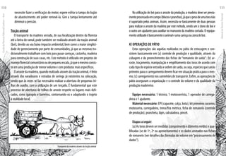Na utilização do boi para o arraste da produção, a madeira deve ser previa-
menteprocessadaemcampo(blocosepranchas),jáqueopesodeumatoranão
é suportado pelos animais. Assim, necessita-se basicamente de duas pessoas
para realizar o arraste da madeira por este método, sendo um o dono do boi e
o outro um ajudante para auxiliar no manuseio da madeira cortada. O equipa-
mentoutilizadoébasicamenteoanimaleumacarroçaouzorradeboi.
k) Operações de pátio
Estas operações são aquelas realizadas no pátio de estocagem e con-
sistem basicamente em (a) controle de produção e qualidade, através da
cubagem e do preenchimento das fichas de “romaneio de saída”; (b) ar-
raste, traçamento, manipulação e empilhamento das toras de acordo com
cadatipodeespécieextraídaeordemdesaída,ouseja,espéciesquesairão
primeiro para o carregamento devem ficar em situação prática para o mes-
mo;(c)carregamentonoscaminhõesdetransporte.Enfim,asoperaçõesde
pátio asseguram a organização e o controle do volume e da qualidade da
produção madeireira.
Equipe necessária: 1 técnico, 1 motosserrista, 1 operador de carrega-
deira e 1 ajudante.
Material necessário: EPI (capacete, calça, bota), kit primeiros socorros,
motosserra, carregadeira, trena/fita métrica, ficha de romaneio (controle
de produção), prancheta, lápis, calculadora, pincel.
Etapas a seguir:
(a)Astorasdevemsermedidas(comprimentoediâmetromédio)equa-
lificadas (se de 1ª, 2ª ou aproveitamento) e os dados anotados nas fichas
de romaneio (ver detalhes das fórmulas de volume em“processamento de
dados”).
Transporte da madeira através da tração animal
necessite fazer a verificação do motor, espere esfriar a tampa do bujão
de abastecimento até poder removê-la. Gire a tampa lentamente até
diminuir a pressão.
Tração animal
O transporte da madeira serrada, de sua localização dentro da floresta
até a beira do ramal, pode também ser realizado através da tração animal
(boi), devido ao seu baixo impacto ambiental, bem como a maior simplici-
dade de gerenciamento por parte de comunidades, já que as mesmas tra-
dicionalmente trabalham com bois para puxar carroças, castanha, madeira
para construção de suas casas, etc. Este método é utilizado em projetos de
manejoflorestalcomunitáriooudepequenaescala,jáqueomesmoconsis-
te em uma produção de menor volume e com produtos mais específicos.
O arraste da madeira, quando realizado através da tração animal, é feito
através dos varadouros e estradas de seringa já existentes na colocação,
sendo que às vezes se faz necessário realizar a abertura de pequenas tri-
lhas de auxílio, com a utilização de um terçado. É fundamental que este
processo de aberturas de trilhas de arraste respeite os lugares mais deli-
cados, como igarapés e barreiros, contornando-os e adaptando o trajeto
à realidade local.
EscoladaFlorestaRobervalCardoso–Acre
130
ManualdoTécnicoFlorestal
131
 