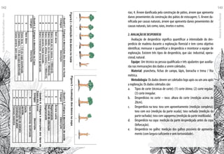 rias; 4. Árvore danificada pela construção de pátios, árvore que apresenta
danos provenientes da construção dos pátios de estocagem; 5. Árvore da-
nificada por causas naturais, árvore que apresenta danos provenientes de
causas naturais, tais como, raios, insetos e outros.
2. AVALIAÇÃO DE DESPERDÍCIO
Avaliação de desperdício significa quantificar a intensidade do des-
perdício de madeira durante a exploração florestal e tem como objetivo
identificar, mensurar e quantificar o desperdício e monitorar a equipe de
exploração. Existem três tipos de desperdício, que são: industrial, opera-
cional, natural.
Equipe: Um técnico ou pessoa qualificada e três ajudantes que auxilia-
rão nas mensurações dos dados a serem coletados.
Material: prancheta, fichas de campo, lápis, borracha e trena / fita
métrica.
Metodologia: Os dados devem ser coletados logo após ou um ano após
a exploração. Os dados coletados são:
Tipos de corte (técnicas de corte): (1) corte ótimo; (2) corte regular;a.	
(3) corte irregular.
Desperdícios no corte – toco: altura do corte (medição acima deb.	
20cm).
Desperdício na tora: tora sem aproveitamento (medição completa);c.	
tora com oco (medição da parte ocada); tora rachada (medição da
parte rachada); tora com sapopema (medição da parte inutilizada).
Desperdício na copa: medição da parte desperdiçada antes da copad.	
(bifurcação).
Desperdício no galho: medição dos galhos possíveis de aproveita-e.	
mento (com largura suficiente e sem tortuosidade).
EscoladaFlorestaRobervalCardoso–Acre
142
ManualdoTécnicoFlorestal
143
 