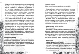 e) Sementes Florestais
Baseado em materiais técnicos elaborados pelo CTA, 2000 - 2006.
A proposta de manejo de sementes é, sem dúvida, uma alternativa de
geração de renda adequada à cultura amazônica. Propicia a oportunidade
de, durante as práticas diárias de atividades extrativistas, valorizar a cultu-
ra local, diversificar a produção florestal a um baixo custo (mão de obra e
insumos), proporcionando a valorização florestal enquanto base produtiva
(fonte de renda) e, conseqüentemente, a sustentabilidade ambiental.
As sementes florestais têm um amplo potencial como: alimento para a
fauna; alimentação para a família; extração de óleos para a confecção de
sabonetes e xampus; fabricação de fármacos, confecção de artesanato e
recuperação de áreas degradas (reflorestamento), etc.
Equipe necessária: 3 pessoas capacitadas.
Material necessário:
Mapeamento:EPI(capacete,calçaebota),kitprimeirossocorros,terçado,
GPS,bússola,trena,binóculo,fitabiodegradável,pincel,prancheta,fichade
campo,lápis,borracha,plaquetasdealumínio,jogodeletrasenúmeros(pul-
são),marteloepregos.Coleta:EPI(capacetedeciclista,luva,calça,camisae
bota),mochila,sacodefibra,lonaplásticapreta,corda,mosquetão,boldriés,
oito, cadeirinha, suspensórios, baladeira, linha de pesca e podão com vara.
Etapas a seguir:
1.Seleção das espécies/árvores matrizes
•	 Considerações a serem levadas em conta na hora da escolha da área e
dasespécies–biodiversidade(cooperaçãodosanimaiscomasplantas),
potencial produtivo, demandas de mercado, entre outros.
•	 Acompanhamento fenológico - quando as espécies florescem, frutifi-
cam, dispersam sementes, etc.
• 	 Após a extração, o óleo deve ser coado com um pano limpo e separado
de acordo com a cor e, se possível, por densidade (grossura do óleo),
sendo que a recomendação é evitar misturar o óleo de diferentes co-
res. O óleo deve ser armazenado em vidros, de preferência escuros, e
grandesquantidadesemcamburões.Osvasilhamesplásticosdevemser
usados apenas no transporte da floresta até a casa do proprietário, já
que, se armazenado por 3 a 4 meses em vasilhames de plástico, passa
por uma reação e começa a ser dissolvido. Deve-se também evitar mis-
turar o produto em recipientes que já guardaram combustível. Existem
casos de adulterações de óleo misturado com banha, água, óleo de co-
zinha,óleodiesel.Esteprocedimentodáumganhoimediato,masfecha
as portas para novas vendas, já que o óleo de copaíba é um produto
medicinal e precisa ser analisada por laboratórios que acusam a fraude.
•	 Cada manejador deverá se responsabilizar pelo controle de produção
(fichas) e a entrega do óleo à associação/cooperativa em boa condição
de conservação e qualidade devendo separá-lo em recipientes diferen-
tes conforme o tipo ou densidade (branco, preto, amarelo, etc.) de óleo.
•	 Cuidar das despesas comuns geradas a partir de um acompanhamento
do transporte, venda e possíveis beneficiamentos – destinação de uma
porcentagem da produção para a associação.
Monitoramento da atividade
Deverãoserrealizadasavaliaçõesdasatividades,verificandoeregistran-
doperiodicamenteocomportamentodasárvoresextraídasoutrabalhadas
para que não haja danos à espécie manejada, o que se dará através de: (a)
visita aos locais de manejo a cada três meses; e (b) manutenção de trilhas
para observação da época de produção e frutificação.
EscoladaFlorestaRobervalCardoso–Acre
182
ManualdoTécnicoFlorestal
183
 