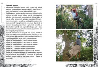 5. Coleta de Sementes
•	 Métodos mais utilizados na colheita - Rapel / Escalada (mais seguro e
mais caro, sem restrições para tamanho de árvore) e Espora (menos se-
guro e mais barato, com restrições para tamanho de árvore);
•	 Cuidados a serem tomados na coleta de sementes - Utilizar caminhos
existentes na área de extração; cuidados para não pisotear plantas e
plântulas; evitar o excesso de pessoas e animais de carga na área de
manejo; realizar coleta somente após o pico de produção; coletar as se-
mentes somente após a queda destas no chão, próximas a árvore mãe,
e após terem sido limpas pelos animais e dispersadas (dependendo da
semente e da sua utilização); verificar se o equipamento de escalada foi
bem montado e saber de todos os procedimentos para subir e descer
corretamente (como escalar, como manusear cada equipamento – cor-
das, lona, podão, mosquetão, etc.)
•	 O ciclo de coleta pode ser por rotação de áreas ou anual, devendo-se,
neste caso, coletar somente parte das sementes produzidas por cada
árvore, levando-se em consideração, principalmente, a abundância e a
capacidade germinativa de cada espécie, como por exemplo:
•	 Espécies de“Muita”Abundância: Coleta-se 80% das Sementes.
•	 Espécies de“Média”Abundância: Coleta-se 50% das Sementes.
•	 Espécies de“Pouca”Abundância: Coleta-se 30% das Sementes.
•	 Espécies de“R”Estrategista: Coleta-se 80% das Sementes.
•	 Espécies de“K”Estrategista: Coleta-se 50% das Sementes.
•	 Espécies de Estratégia Intermediária: Coleta-se 65% das Sementes.
•	 Espécies“R”estrategistas são aquelas que produzem banco de semen-
tes, com baixa taxa de germinação; “K” estrategistas são aquelas que
produzem banco de mudas, ou seja, poucas sementes e alta taxa de
germinação.
Coleta de sementes através da escalada em árvores
EscoladaFlorestaRobervalCardoso–Acre
188
ManualdoTécnicoFlorestal
189
 