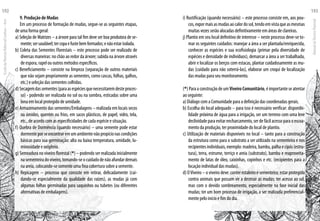 9. Produção de Mudas
Em um processo de formação de mudas, segue-se as seguintes etapas,
de uma forma geral:
a) Seleção de Matrizes – a árvore para tal fim deve ser boa produtora de se-
mente;sersaudável;tercopaefustebemformados;enãoestarisolada.
b) Coleta das Sementes Florestais – este processo pode ser realizado de
diversas maneiras: no chão ao redor da árvore; subida na árvore através
de espora, rapel ou outros métodos específicos.
c) Beneficiamento – consiste na limpeza (separação de outros materiais
que não sejam propriamente as sementes, como cascas, folhas, galhos,
etc.) e seleção das sementes colhidas.
d)Secagemdassementes(paraasespéciesquenecessitaremdesteproces-
so) - podendo ser realizada no sol ou na sombra, esticadas sobre uma
lona em local protegido de umidade.
e) Armazenamento das sementes/Embalagens – realizada em locais secos
ou úmidos, quentes ou frios, em sacos plásticos, de papel, vidro, tela,
etc., de acordo com as especificidades de cada espécie e situação.
f) Quebra de Dormência (quando necessário) – uma semente pode estar
dormenteporseencontraremumambientenãopropícionascondições
básicas para sua germinação: alta ou baixa temperatura, umidade, lu-
minosidade e oxigênio.
g) Semeadura no viveiro florestal (*) – podendo ser realizada inicialmente
nasementeiradoviveiro,tomando-seocuidadodenãoafundardemais
na areia, colocando-se somente uma fina cobertura sobre a semente.
h) Repicagem – processo que consiste em retirar, delicadamente (cui-
dando-se especialmente da qualidade das raízes), as mudas já com
algumas folhas germinadas para saquinhos ou tubetes (ou diferentes
alternativas de embalagens).
i) Rustificação (quando necessário) – este processo consiste em, aos pou-
cos,expormaisasmudasaocalordosol,tendoemvistaqueasmesmas
muitas vezes serão alocadas definitivamente em áreas de clareiras.
j) Plantio em seu local definitivo de interesse – neste processo deve-se to-
mar os seguintes cuidados: manejar a área a ser plantada/enriquecida,
conhecer as espécies e sua ecofisiologia (primar pela diversidade de
espécies e densidade de indivíduos), demarcar a área a ser trabalhada,
abrir e localizar os berços com estacas, plantar cuidadosamente as mu-
das (cuidado para não soterrá-las), elaborar um croqui de localização
das mudas para seu monitoramento.
(*)ParaaconstruçãodeumViveiro Comunitário,éimportanteseatentar
ao seguinte:
a) Diálogo com a Comunidade para a definição das coordenadas gerais.
b) Escolha do local adequado – para isso é necessário verificar: disponibi-
lidade próxima de água para a irrigação, ser um terreno com uma leve
declividadeparaevitarencharcamento,serdefácilacessoparaoescoa-
mento da produção, ter proximidade do local de plantio.
c) Utilização de materiais disponíveis no local – tanto para a construção
da estrutura como para o substrato a ser utilizado na sementeira e nos
recipientesindividuais,exemplo:madeira,bambu,palhaecipós(estru-
tura), terra, estrume, terriço e areia (substrato), bambu e reaproveita-
mento de latas de óleo, caixinhas, copinhos e etc. (recipientes para a
locação individual das mudas).
d) OViveiro – o viveiro deve: conter estaleiro e sementeira; estar protegido
contra animais que possam vir a destruir as mudas; ter acesso ao sol,
mas com o devido sombreamento, especialmente na fase inicial das
mudas; ter um bom processo de irrigação, a ser realizada preferencial-
mente pelo início e fim do dia.
EscoladaFlorestaRobervalCardoso–Acre
192
ManualdoTécnicoFlorestal
193
 