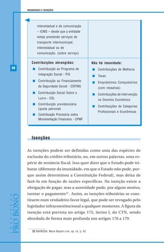38
IMUNIDADES E ISENÇÕES
Isenções
As isenções podem ser definidas como uma das espécies de
exclusão do crédito tributário, ou, em outras palavras, uma es-
pécie de renúncia fiscal. Isso quer dizer que o Estado pode tri-
butar (diferente da imunidade, em que o Estado não pode, por-
que assim determinou a Constituição Federal), mas deixa de
fazê-lo em função de razões específicas. Na isenção existe a
obrigação de pagar, mas a autoridade pode, por algum motivo,
isentar o pagamento22
. Assim, as isenções tributárias se cons-
tituem num verdadeiro favor legal, que pode ser revogado pelo
legislador infraconstitucional a qualquer momento. A figura da
isenção está prevista no artigo 175, inciso I, do CTN, sendo
abordada de forma mais profunda nos artigos 176 a 179.
22 BARBOSA, Maria Nazaré Lins. op. cit. p. 53.
Não há imunidade:
Contribuições de Melhoria
Taxas
Empréstimos Compulsórios
(com ressalvas)
Contribuições de Intervenção
no Domínio Econômico
Contribuições de Categorias
Profissionais e Econômicas
interestadual e de comunicação
– ICMS – desde que a entidade
esteja prestando serviços de
transporte intermunicipal,
interestadual ou de
comunicação. (sobre serviço)
Contribuições abrangidas:
Contribuição ao Programa de
Integração Social - PIS
Contribuição ao Financiamento
da Seguridade Social - COFINS
Contribuição Social Sobre o
Lucro - CSL
Contribuição previdenciária
(quota patronal)
Contribuição Provisória sobre
Movimentação Financeira - CPMF
 