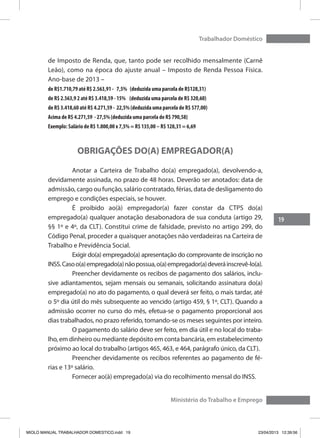 19
Trabalhador Doméstico
Ministério do Trabalho e Emprego
de Imposto de Renda, que, tanto pode ser recolhido mensalmente (Carnê
Leão), como na época do ajuste anual – Imposto de Renda Pessoa Física.
Ano-base de 2013 –
de R$1.710,79 até R$ 2.563,91 - 7,5% (deduzida uma parcela de R$128,31)
de R$ 2.563,9 2 até R$ 3.418,59 - 15% (deduzida uma parcela de R$ 320,60)
de R$ 3.418,60 até R$ 4.271,59 - 22,5% (deduzida uma parcela de R$ 577,00)
Acima de R$ 4.271,59 - 27,5% (deduzida uma parcela de R$ 790,58)
Exemplo: Salário de R$ 1.800,00 x 7,5% = R$ 135,00 – R$ 128,31 = 6,69
OBRIGAÇÕES DO(A) EMPREGADOR(A)
	 Anotar a Carteira de Trabalho do(a) empregado(a), devolvendo-a,
devidamente assinada, no prazo de 48 horas. Deverão ser anotados: data de
admissão, cargo ou função, salário contratado, férias, data de desligamento do
emprego e condições especiais, se houver.
	 É proibido ao(à) empregador(a) fazer constar da CTPS do(a)
empregado(a) qualquer anotação desabonadora de sua conduta (artigo 29,
§§ 1º e 4º, da CLT). Constitui crime de falsidade, previsto no artigo 299, do
Código Penal, proceder a quaisquer anotações não verdadeiras na Carteira de
Trabalho e Previdência Social.
	 Exigir do(a) empregado(a) apresentação do comprovante de inscrição no
INSS.Casoo(a)empregado(a)nãopossua,o(a)empregador(a)deveráinscrevê-lo(a).
	 Preencher devidamente os recibos de pagamento dos salários, inclu-
sive adiantamentos, sejam mensais ou semanais, solicitando assinatura do(a)
empregado(a) no ato do pagamento, o qual deverá ser feito, o mais tardar, até
o 5º dia útil do mês subsequente ao vencido (artigo 459, § 1º, CLT). Quando a
admissão ocorrer no curso do mês, efetua-se o pagamento proporcional aos
dias trabalhados, no prazo referido, tomando-se os meses seguintes por inteiro.
	 O pagamento do salário deve ser feito, em dia útil e no local do traba-
lho, em dinheiro ou mediante depósito em conta bancária, em estabelecimento
próximo ao local do trabalho (artigos 465, 463, e 464, parágrafo único, da CLT).
	 Preencher devidamente os recibos referentes ao pagamento de fé-
rias e 13º salário.
	 Fornecer ao(à) empregado(a) via do recolhimento mensal do INSS.
MIOLO MANUAL TRABALHADOR DOMESTICO.indd 19 23/04/2013 12:39:56
 