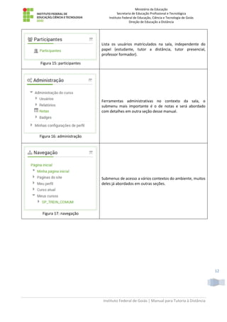 Ministério da Educação
Secretaria de Educação Profissional e Tecnológica
Instituto Federal de Educação, Ciência e Tecnologia de Goiás
Direção de Educação a Distância
Instituto Federal de Goiás | Manual para Tutoria à Distância
12
Figura 15: participantes
Lista os usuários matriculados na sala, independente do
papel (estudante, tutor a distância, tutor presencial,
professor formador).
Figura 16: administração
Ferramentas administrativas no contexto da sala, o
submenu mais importante é o de notas e será abordado
com detalhes em outra seção desse manual.
Figura 17: navegação
Submenus de acesso a vários contextos do ambiente, muitos
deles já abordados em outras seções.
 