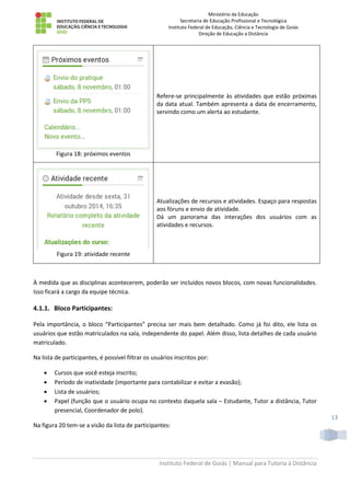 Ministério da Educação
Secretaria de Educação Profissional e Tecnológica
Instituto Federal de Educação, Ciência e Tecnologia de Goiás
Direção de Educação a Distância
Instituto Federal de Goiás | Manual para Tutoria à Distância
13
Figura 18: próximos eventos
Refere-se principalmente às atividades que estão próximas
da data atual. Também apresenta a data de encerramento,
servindo como um alerta ao estudante.
Figura 19: atividade recente
Atualizações de recursos e atividades. Espaço para respostas
aos fóruns e envio de atividade.
Dá um panorama das interações dos usuários com as
atividades e recursos.
À medida que as disciplinas acontecerem, poderão ser incluídos novos blocos, com novas funcionalidades.
Isso ficará a cargo da equipe técnica.
4.1.1. Bloco Participantes:
Pela importância, o bloco “Participantes” precisa ser mais bem detalhado. Como já foi dito, ele lista os
usuários que estão matriculados na sala, independente do papel. Além disso, lista detalhes de cada usuário
matriculado.
Na lista de participantes, é possível filtrar os usuários inscritos por:
 Cursos que você esteja inscrito;
 Período de inatividade (importante para contabilizar e evitar a evasão);
 Lista de usuários;
 Papel (função que o usuário ocupa no contexto daquela sala – Estudante, Tutor a distância, Tutor
presencial, Coordenador de polo).
Na figura 20 tem-se a visão da lista de participantes:
 