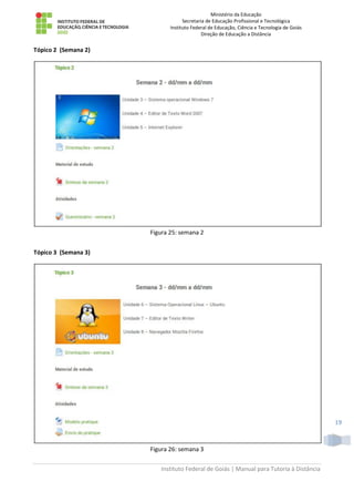 Ministério da Educação
Secretaria de Educação Profissional e Tecnológica
Instituto Federal de Educação, Ciência e Tecnologia de Goiás
Direção de Educação a Distância
Instituto Federal de Goiás | Manual para Tutoria à Distância
19
Tópico 2 (Semana 2)
Figura 25: semana 2
Tópico 3 (Semana 3)
Figura 26: semana 3
 