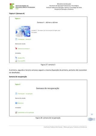Ministério da Educação
Secretaria de Educação Profissional e Tecnológica
Instituto Federal de Educação, Ciência e Tecnologia de Goiás
Direção de Educação a Distância
Instituto Federal de Goiás | Manual para Tutoria à Distância
20
Tópico 4 (Semana 4)
Figura 27: semana 3
A primeira, segunda e terceira semanas seguem a mesma disposição da primeira, portanto não necessitam
ser detalhadas.
Semana de recuperação
Figura 28: semana de recuperação
 