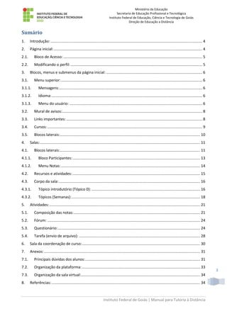 Ministério da Educação
Secretaria de Educação Profissional e Tecnológica
Instituto Federal de Educação, Ciência e Tecnologia de Goiás
Direção de Educação a Distância
Instituto Federal de Goiás | Manual para Tutoria à Distância
3
Sumário
1. Introdução: ................................................................................................................................................ 4
2. Página inicial:............................................................................................................................................. 4
2.1. Bloco de Acesso:.................................................................................................................................... 5
2.2. Modificando o perfil:............................................................................................................................. 5
3. Blocos, menus e submenus da página inicial: ........................................................................................... 6
3.1. Menu superior:...................................................................................................................................... 6
3.1.1. Mensagens:........................................................................................................................................ 6
3.1.2. Idioma:............................................................................................................................................... 6
3.1.3. Menu do usuário: .............................................................................................................................. 6
3.2. Mural de avisos:..................................................................................................................................... 8
3.3. Links importantes:................................................................................................................................. 8
3.4. Cursos:................................................................................................................................................... 9
3.5. Blocos laterais:..................................................................................................................................... 10
4. Salas:........................................................................................................................................................ 11
4.1. Blocos laterais:..................................................................................................................................... 11
4.1.1. Bloco Participantes:......................................................................................................................... 13
4.1.2. Menu Notas:.................................................................................................................................... 14
4.2. Recursos e atividades: ......................................................................................................................... 15
4.3. Corpo da sala:...................................................................................................................................... 16
4.3.1. Tópico introdutório (Tópico 0): ....................................................................................................... 16
4.3.2. Tópicos (Semanas):.......................................................................................................................... 18
5. Atividades:............................................................................................................................................... 21
5.1. Composição das notas:........................................................................................................................ 21
5.2. Fórum: ................................................................................................................................................. 24
5.3. Questionário:....................................................................................................................................... 24
5.4. Tarefa (envio de arquivo): ................................................................................................................... 28
6. Sala da coordenação de curso:................................................................................................................ 30
7. Anexos: .................................................................................................................................................... 31
7.1. Principais dúvidas dos alunos:............................................................................................................. 31
7.2. Organização da plataforma: ................................................................................................................ 33
7.3. Organização da sala virtual:................................................................................................................. 34
8. Referências:............................................................................................................................................. 34
 