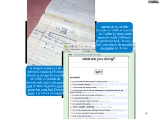 Apesar de só ter sido
                                lançado em 2006, o conceito
                                  do Twitter já vinha sendo
                                  pensado desde 2000 pelo
                                programador Jack Dorsey. Ao
                                lado, uma página de rascunho
                                   do projeto de Dorsey.




  A imagem à direita é da
 primeira versão do Twitter
quando o serviço foi lançado
   em 2006. A história do
produto está registrada neste
post de Dom Sagolla e nesta
 entrevista com Jack Dorsey.
 Aqui, a primeira mensagem.




                                                               9
 