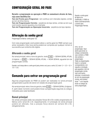 13
CONFIGURAÇÃO GERAL DO PABX
Durante a programação ou operação o PABX se comunicará através de tons,
veja como identificá-los
Tom de Pronto para Programar: tom contínuo com intervalos rápidos, similar
ao tom de linha interna;
Tom de Programação Correta: seqüência de bips lentos, similar ao tom que
você recebe quando aguarda uma chamada;
Tom de Programação ou Operação Incorreta: seqüência de bips rápidos.
Alteração da senha geral
Programação de fábrica: senha geral 123.
Com esta programação você poderá alterar a senha geral do PABX sempre que
achar necessário. Esta nova senha poderá ser composta por qualquer número à
sua escolha que contenha três dígitos.
Alterando a senha geral
No ramal principal, retire o fone do gancho, tecle + SENHA GERAL ATUAL
(3 dígitos) + + SENHA GERAL ATUAL + NOVA SENHA, aguarde tom de
programação correta.
Exemplo: você deseja alterar a senha geral (pela primeira vez) para a senha 222, tecle 12+ 123 + 32 +
123 + 222.
Comando para entrar em programação geral
Algumas programações do PABX só podem ser realizadas no ramal principal
(programador) quando ele estiver em estado de programação geral.
No ramal principal, retire o fone do gancho, tecle + SENHA GERAL (3 dígitos).
A partir deste momento você poderá iniciar a programação seguindo os códigos
indicados para cada facilidade.
Ramal principal
Os ramais principais estão nas posições físicas 00 e 03 e estão programados de
fábrica como ramal 20 e 23, respectivamente. A numeração do ramal principal
poderá ser alterada, mas a posição física deverá ser sempre 00 e 03,
obrigatoriamente.
Uma vez em
programação, fique
atento para teclar os
códigos corretamente,
caso contrário o PABX
não aceitará a
programação.
Todas as programações
trazem o comando
correspondente e em
seguida a orientação
para aguardar o tom de
programação correta,
caso você queira
antecipar o recebimento
do tom de programação
correta, você poderá
teclar * e em seguida
teclar os códigos da
outra programação.
Quando a senha geral
de fábrica for
modificada, o PABX irá
liberar automaticamente
o acesso para
Programação Remota.
 