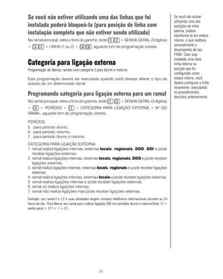17
Se você não estiver utilizando uma das linhas que foi
instalada poderá bloqueá-la (para posição de linha com
instalação completa que não estiver sendo utilizada)
No ramal principal, retire o fone do gancho, tecle + SENHA GERAL (3 dígitos)
+ + LINHA (1 ou 2) + , aguarde tom de programação correta.
Categoria para ligação externa
Programação de fábrica: ramais com categoria 2 para diurno e noturno.
Esta programação deverá ser executada quando você desejar alterar o tipo de
acesso de um determinado ramal.
Programando categoria para ligação externa para um ramal
No ramal principal, retire o fone do gancho, tecle + SENHA GERAL (3 dígitos)
+ + PERÍODO + + CATEGORIA PARA LIGAÇÃO EXTERNA + NO
DO
RAMAL, aguarde tom de programação correta.
PERÍODO
5 para período diurno;
6 para período noturno;
7 para período diurno e noturno.
CATEGORIA PARA LIGAÇÃO EXTERNA
1 ramal realiza ligações internas, externas locais , regionais , DDD , DDI e pode
receber ligações externas;
2 ramal realiza ligações internas, externas locais, regionais, DDD e pode receber
ligações externas;
3 ramal realiza ligações internas, externas locais, regionais e pode receber ligações
externas;
4 ramal realiza ligações internas, externas locais e pode receber ligações externas;
5 ramal realiza ligações internas e pode receber ligações externas;
6 ramal só realiza ligações internas;
7 ramal não realiza ligações mas pode receber ligações externas.
Exemplo: seu ramal é o 23 e suas atividades exigem contatos telefônicos internacionais durante as 24
horas do dia. Para liberar seu ramal para realizar ligações DDI nos períodos diurno e noturnoTecle 12 +
senha geral + 371 + 1 + 23 .
Se você não estiver
utilizando uma das
posições de linha
externa, poderá
transforma-la em enlace
interno, o que melhora
sensivelmente o
desempenho de seu
PABX. Caso seja
instalada uma nova
linha externa na
posição que foi
configurada como
enlace interno, você
deverá configurar a linha
novamente, executando
os procedimentos
descritos anteriormente.
 