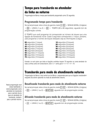 24
Tempo para transbordo no atendedor
da linha ou noturno
Programação de fábrica: tempo para transbordo programado como 35 segundos.
Programando tempo para transbordo
No ramal principal, retire o fone do gancho, tecle + SENHA GERAL (3 dígitos)
+ + LINHA (1 ou 2) + + TEMPO (00 a 80 segundos), aguarde tom de
programação correta.
O TEMPO que você programar irá corresponder ao número de toques que uma
ligação de transbordo irá ter. Cada 5 segundos corresponde a 1 toque, portanto,
para programar o número de toques desejado veja as informações a seguir:
Exemplo: se você quiser que todas as ligações recebidas toquem 70 segundos no ramal atendedor de
todas as linhas antes de transbordarem, tecle 12 + senha geral + 4 + 9 + 4 + 70.
Transbordo para modo de atendimento noturno
Programação de fábrica: esta central sai de fábrica programada para que as ligações transbordem
enquanto ela estiver operando no modo de atendimento noturno.
Desativando transbordo para modo de atendimento noturno
No ramal principal, retire o fone do gancho, tecle + SENHA GERAL (3 dígitos)
+ + LINHA (1 ou 2) + , aguarde tom de programação correta.
Ativando transbordo para modo de atendimento noturno
No ramal principal, retire o fone do gancho, tecle + SENHA GERAL (3 dígitos)
+ + LINHA (1 ou 2) + , aguarde tom de programação correta.
05 segundos (1 toque) 10 segundos (2 toques)
15 segundos (3 toques) 20 segundos (4 toques)
25 segundos (5 toques) 30 segundos (6 toques)
35 segundos (7 toques) 40 segundos (8 toques)
45 segundos (9 toques) 50 segundos (10 toques)
55 segundos (11 toques) 60 segundos (12 toques)
65 segundos (13 toques) 70 segundos (14 toques)
75 segundos (15 toques) 80 segundos (16 toques)
Nesta programação você
estará habilitando o
ramal programado como
atendedor de transbordo
para o período diurno
para ser atendedor de
transbordo, também,
para o período noturno.
 