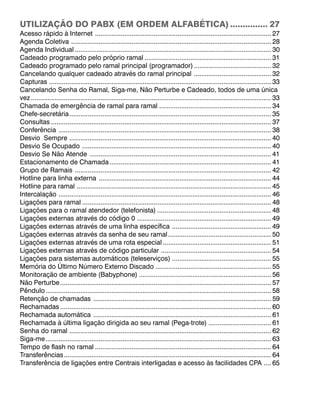 UTILIZAÇÃO DO PABX (EM ORDEM ALFABÉTICA)............... 27
Acesso rápido à Internet ................................................................................................ 27
Agenda Coletiva ............................................................................................................. 28
Agenda Individual ........................................................................................................... 30
Cadeado programado pelo próprio ramal ..................................................................... 31
Cadeado programado pelo ramal principal (programador) .......................................... 32
Cancelando qualquer cadeado através do ramal principal .......................................... 32
Capturas ......................................................................................................................... 33
Cancelando Senha do Ramal, Siga-me, Não Perturbe e Cadeado, todos de uma única
vez................................................................................................................................... 33
Chamada de emergência de ramal para ramal ............................................................. 34
Chefe-secretária.............................................................................................................. 35
Consultas ........................................................................................................................ 37
Conferência .................................................................................................................... 38
Desvio Sempre .............................................................................................................. 40
Desvio Se Ocupado ....................................................................................................... 40
Desvio Se Não Atende ................................................................................................... 41
Estacionamento de Chamada ........................................................................................ 41
Grupo de Ramais ........................................................................................................... 42
Hotline para linha externa .............................................................................................. 44
Hotline para ramal .......................................................................................................... 45
Intercalação .................................................................................................................... 46
Ligações para ramal ....................................................................................................... 48
Ligações para o ramal atendedor (telefonista) .............................................................. 48
Ligações externas através do código 0 ......................................................................... 49
Ligações externas através de uma linha específica ...................................................... 49
Ligações externas através da senha de seu ramal........................................................ 50
Ligações externas através de uma rota especial ........................................................... 51
Ligações externas através de código particular ............................................................ 54
Ligações para sistemas automáticos (teleserviços) ...................................................... 55
Memória do Último Número Externo Discado ............................................................... 55
Monitoração de ambiente (Babyphone) ........................................................................ 56
Não Perturbe................................................................................................................... 57
Pêndulo........................................................................................................................... 58
Retenção de chamadas ................................................................................................. 59
Rechamadas ................................................................................................................... 60
Rechamada automática ................................................................................................. 61
Rechamada à última ligação dirigida ao seu ramal (Pega-trote) .................................. 61
Senha do ramal .............................................................................................................. 62
Siga-me........................................................................................................................... 63
Tempo de flash no ramal ................................................................................................ 64
Transferências................................................................................................................. 64
Transferência de ligações entre Centrais interligadas e acesso às facilidades CPA .... 65
 