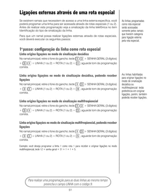 51
Para realizar uma programação para as duas linhas ao mesmo tempo
preencha o campo LINHA com o código 9.
Ligações externas através de uma rota especial
Se existirem ramais que necessitem de acesso a uma linha externa específica, você
poderá programar uma linha para ser acessada através de rotas especiais (1 ou 2).
Antes de realizar esta programação veja a sinalização da linha telefônica no item
Identificação do tipo de sinalização da linha.
Para que um ramal possa realizar ligações externas através de rotas especiais,
você deverá executar os seguintes passos:
1o
passo: configuração da linha como rota especial
Linha origina ligações no modo de sinalização decádica
No ramal principal, retire o fone do gancho, tecle + SENHA GERAL (3 dígitos)
+ + LINHA (1 ou 2) + ROTA (1 ou 2) + , aguarde tom de programação
correta.
Linha origina ligações no modo de sinalização decádica, podendo receber
ligações
No ramal principal, retire o fone do gancho, tecle + SENHA GERAL (3 dígitos)
+ + LINHA (1 ou 2) + ROTA (1 ou 2) + , aguarde tom de programação
correta.
Linha origina ligações no modo de sinalização multifreqüencial
No ramal principal, retire o fone do gancho, tecle + SENHA GERAL (3 dígitos)
+ + LINHA (1 ou 2) + ROTA (1 ou 2) + , aguarde tom de programação
correta.
Linha origina ligações no modo de sinalização multifreqüencial, podendo receber
ligações
No ramal principal, retire o fone do gancho, tecle + SENHA GERAL (3 dígitos)
+ + LINHA (1 ou 2) + ROTA (1 ou 2) + , aguarde tom de programação
correta.
Exemplo: você deseja programar a linha 1 como rota 1 para receber e originar ligações no modo
multifreqüencial, tecle 12 + senha geral + 31 + 1 + 1 + 5.
As linhas habilitadas
para originar ligações no
modo de sinalização
decádica ou
multifreqüencial terão
preferência em originar
ligações, porém, também
poderão receber ligações.
As linhas programadas
como rota especial
serão acessadas
somente pelos ramais
que tiverem categoria
para ligação externa
pela rota especial.
 