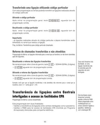 65
Transferindo uma ligação utilizando código particular
Com esta programação os ramais poderão transferir as ligações realizadas através
do código particular.
Ativando o código particular
Após entrar na programação geral, tecle , aguarde tom de
programação correta.
Desativando o código particular
Após entar na programação geral, tecle , aguarde tom de
programação correta.
Importante:
- as ligações realizadas através do código particular e depois transferidas serão
bilhetadas no ramal que realizou a ligação.
Prog. de fábrica: Transferência para código particular desativado.
Retorno de chamadas transferidas e não atendidas
Programação de fábrica: as ligações retornarão para o ramal que as transferiu se não forem atendidas
após 60 segundos.
Desativando o retorno das ligações transferidas
No ramal principal, retire o fone do gancho, tecle + SENHA GERAL (3 dígitos)
+ ,aguarde tom de programação correta.
Ativando o retorno das ligações transferidas
No ramal principal, retire o fone do gancho, tecle + SENHA GERAL (3 dígitos)
+ ,aguarde tom de programação correta.
Exemplo: você quer que as ligações transferidas e não atendidas não retornem para o ramal que as
transferiu, tecle 12 + senha geral + 270.
Transferência de ligações entre Centrais
interligadas e acesso às facilidades CPA
Programação de fábrica: acesso desabilitado.
Esta programação tem duas finalidades:
- habilitar a transferência de ligações entre centrais interligadas como subsistema;
- habilitar o PABX para ter acesso às facilidades CPA (Controle por Programa
Armazenado) oferecidas pela companhia telefônica.
Caso você desative esta
facilidade, se uma
ligação transferida não
for atendida após 60
segundos ela será
desligada.
Esta facilidade estará
disponível somente
quando a linha do PABX
estiver programada como
multifreqüencial e os
ramais estiverem ligados a
aparelhos telefônicos
com sinalização MF.
Como
 