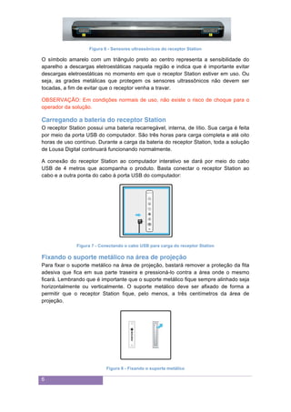 6
Figura 6 - Sensores ultrassônicos do receptor Station
O símbolo amarelo com um triângulo preto ao centro representa a sensibilidade do
aparelho a descargas eletroestáticas naquela região e indica que é importante evitar
descargas eletroestáticas no momento em que o receptor Station estiver em uso. Ou
seja, as grades metálicas que protegem os sensores ultrassônicos não devem ser
tocadas, a fim de evitar que o receptor venha a travar.
OBSERVAÇÃO: Em condições normais de uso, não existe o risco de choque para o
operador da solução.
Carregando a bateria do receptor Station
O receptor Station possui uma bateria recarregável, interna, de lítio. Sua carga é feita
por meio da porta USB do computador. São três horas para carga completa e até oito
horas de uso contínuo. Durante a carga da bateria do receptor Station, toda a solução
de Lousa Digital continuará funcionando normalmente.
A conexão do receptor Station ao computador interativo se dará por meio do cabo
USB de 4 metros que acompanha o produto. Basta conectar o receptor Station ao
cabo e a outra ponta do cabo à porta USB do computador:
Figura 7 - Conectando o cabo USB para carga do receptor Station
Fixando o suporte metálico na área de projeção
Para fixar o suporte metálico na área de projeção, bastará remover a proteção da fita
adesiva que fica em sua parte traseira e pressioná-lo contra a área onde o mesmo
ficará. Lembrando que é importante que o suporte metálico fique sempre alinhado seja
horizontalmente ou verticalmente. O suporte metálico deve ser afixado de forma a
permitir que o receptor Station fique, pelo menos, a três centímetros da área de
projeção.
Figura 8 - Fixando o suporte metálico
 