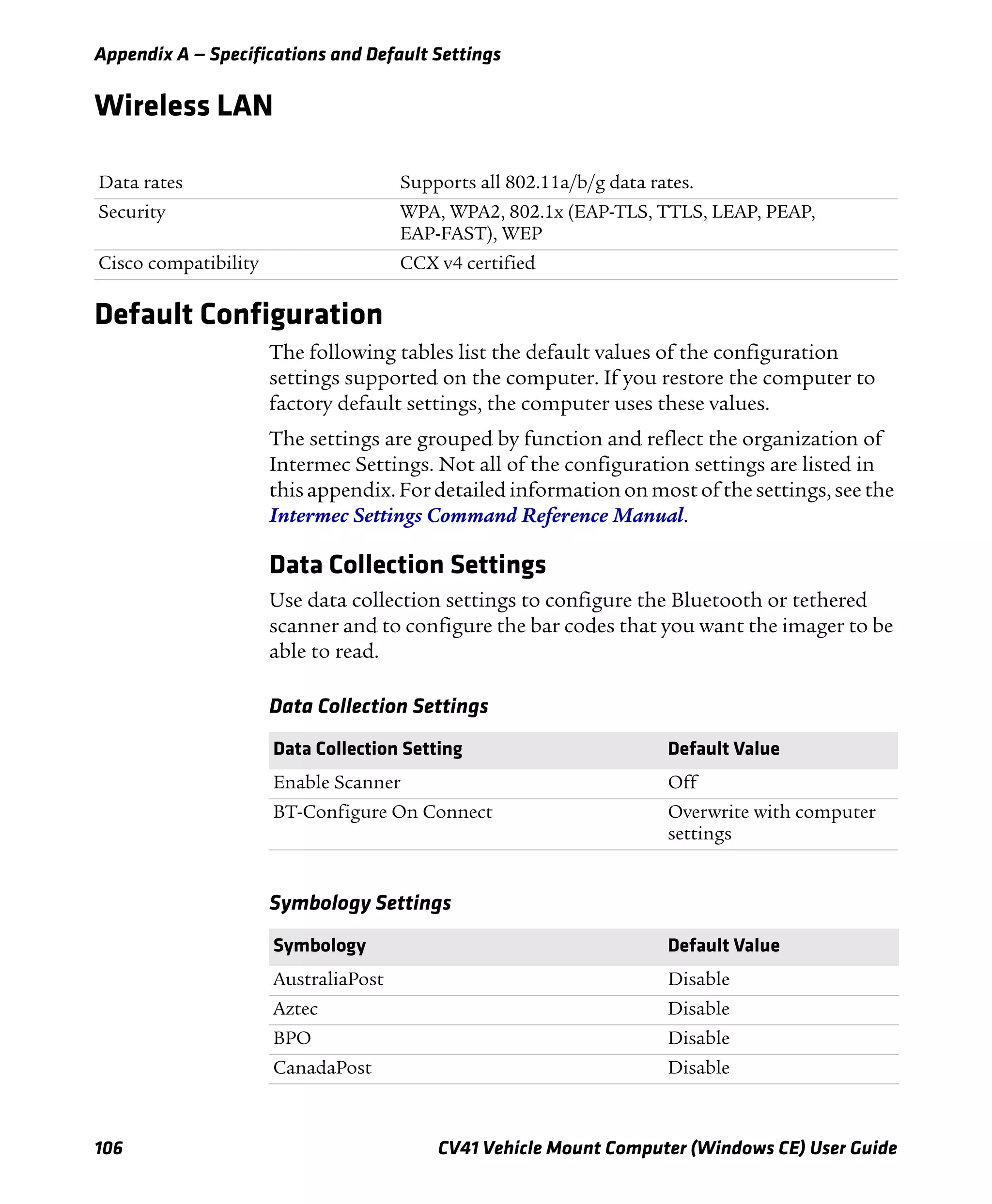 Appendix A — Specifications and Default Settings
106 CV41 Vehicle Mount Computer (Windows CE) User Guide
Wireless LAN
Default Configuration
The following tables list the default values of the configuration
settings supported on the computer. If you restore the computer to
factory default settings, the computer uses these values.
The settings are grouped by function and reflect the organization of
Intermec Settings. Not all of the configuration settings are listed in
this appendix. For detailed information on most of the settings, see the
Intermec Settings Command Reference Manual.
Data Collection Settings
Use data collection settings to configure the Bluetooth or tethered
scanner and to configure the bar codes that you want the imager to be
able to read.
Data rates Supports all 802.11a/b/g data rates.
Security WPA, WPA2, 802.1x (EAP-TLS, TTLS, LEAP, PEAP,
EAP-FAST), WEP
Cisco compatibility CCX v4 certified
Data Collection Settings
Data Collection Setting Default Value
Enable Scanner Off
BT-Configure On Connect Overwrite with computer
settings
Symbology Settings
Symbology Default Value
AustraliaPost Disable
Aztec Disable
BPO Disable
CanadaPost Disable
 