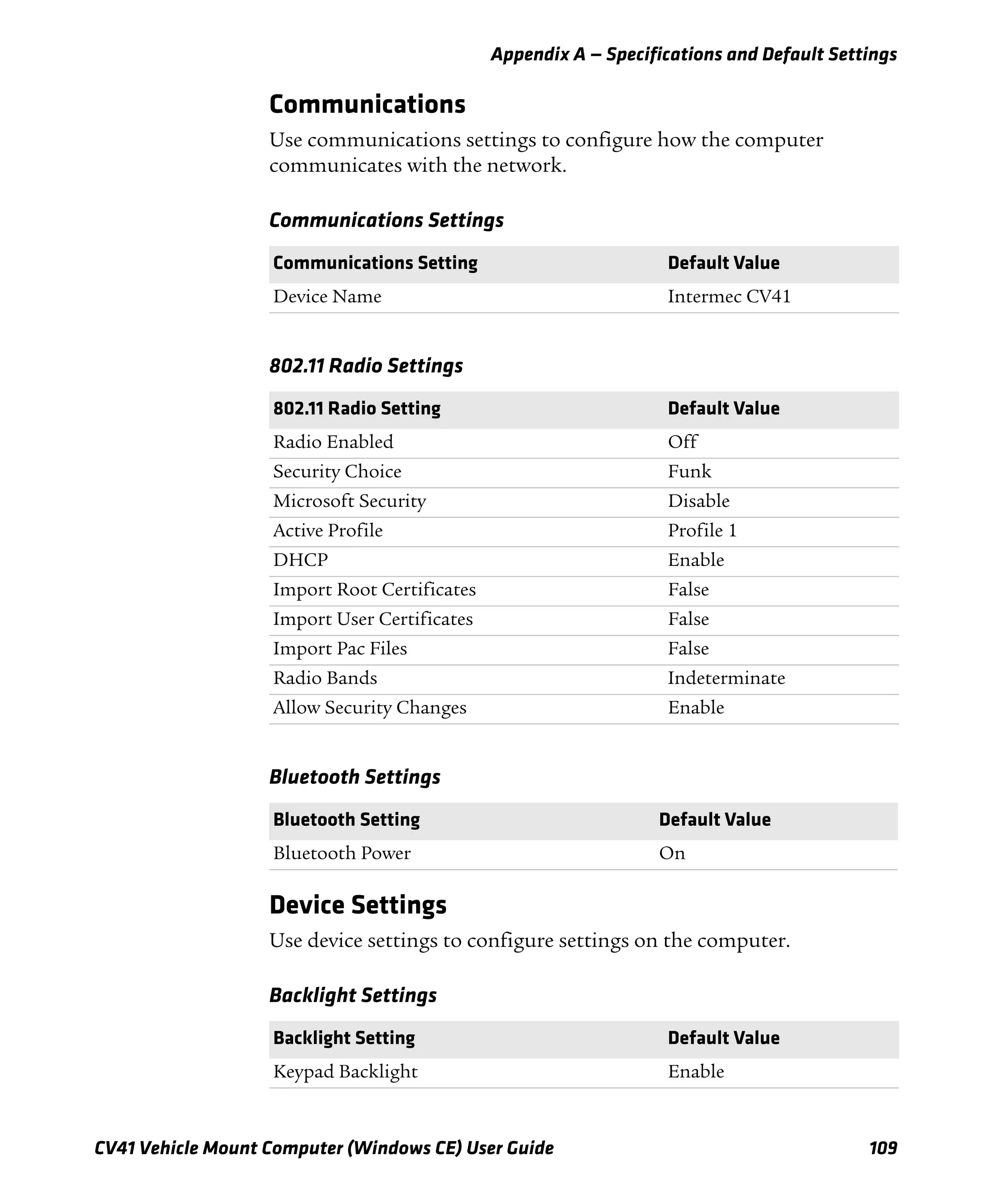 Appendix A — Specifications and Default Settings
CV41 Vehicle Mount Computer (Windows CE) User Guide 109
Communications
Use communications settings to configure how the computer
communicates with the network.
Device Settings
Use device settings to configure settings on the computer.
Communications Settings
Communications Setting Default Value
Device Name Intermec CV41
802.11 Radio Settings
802.11 Radio Setting Default Value
Radio Enabled Off
Security Choice Funk
Microsoft Security Disable
Active Profile Profile 1
DHCP Enable
Import Root Certificates False
Import User Certificates False
Import Pac Files False
Radio Bands Indeterminate
Allow Security Changes Enable
Bluetooth Settings
Bluetooth Setting Default Value
Bluetooth Power On
Backlight Settings
Backlight Setting Default Value
Keypad Backlight Enable
 