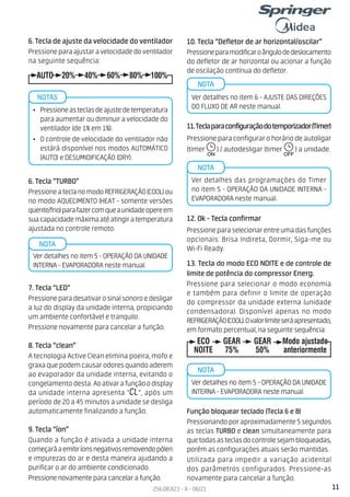 11
256.08.823 - A - 06/21
12. Ok - Tecla confirmar
Pressioneparaselecionarentreumadasfunções
opcionais: Brisa Indireta, Dormir, Siga-me ou
Wi-Fi Ready.
7. Tecla “LED”
Pressioneparadesativarosinalsonoroedesligar
a luz do display da unidade interna, propiciando
um ambiente confortável e tranquilo.
Pressione novamente para cancelar a função.
8. Tecla “clean”
A tecnologia Active Clean elimina poeira, mofo e
graxaquepodemcausarodoresquandoaderem
ao evaporador da unidade interna, evitando o
congelamento desta. Aoativarafunçãoodisplay
da unidade interna apresenta “CL”, após um
período de 20 a 45 minutos a unidade se desliga
automaticamente finalizando a função.
9. Tecla “íon”
Quando a função é ativada a unidade interna
começaráaemitiríonsnegativosremovendopólen
e impurezas do ar e desta maneira ajudando a
purificar o ar do ambiente condicionado.
Pressione novamente para cancelar a função.
6. Tecla “TURBO”
PressioneateclanomodoREFRIGERAÇÃO(COOL)ou
no modo AQUECIMENTO (HEAT - somente versões
quente/frio)parafazercomqueaunidadeopereem
suacapacidademáximaatéatingiratemperatura
ajustada no controle remoto.
Ver detalhes no item 5 - OPERAÇÃO DA UNIDADE
INTERNA - EVAPORADORA neste manual.
NOTA
10. Tecla “Defletor de ar horizontal/oscilar”
Pressioneparamodificaroângulodedeslocamento
do defletor de ar horizontal ou acionar a função
de oscilação contínua do defletor.
Ver detalhes no item 6 - AJUSTE DAS DIREÇÕES
DO FLUXO DE AR neste manual.
NOTA
11.Teclaparaconfiguraçãodotemporizador(Timer)
Pressioneparaconfigurarohoráriodeautoligar
(timer ) / autodesligar (timer ) a unidade.
Ver detalhes das programações do Timer
no item 5 - OPERAÇÃO DA UNIDADE INTERNA -
EVAPORADORA neste manual.
NOTA
Ver detalhes no item 5 - OPERAÇÃO DA UNIDADE
INTERNA - EVAPORADORA neste manual.
NOTA
13. Tecla do modo ECO NOITE e de controle de
limite de potência do compressor Energ.
Pressione para selecionar o modo economia
e também para definir o limite de operação
do compressor da unidade externa (unidade
condensadora). Disponível apenas no modo
REFRIGERAÇÃO(COOL).Ovalorlimiteseráapresentado,
em formato percentual, na seguinte sequência:
ECO GEAR GEAR Modo ajustado
NOITE 75% 50% anteriormente
Função bloquear teclado (Tecla 6 e 8)
Pressionandoporaproximadamente5segundos
as teclas TURBO e clean simultaneamente para
quetodasasteclasdocontrolesejambloqueadas,
porém as configurações atuais serão mantidas.
Utilizada para impedir a variação acidental
dos parâmetros configurados. Pressione-as
novamente para cancelar a função.
6. Tecla de ajuste da velocidade do ventilador
Pressioneparaajustaravelocidadedoventilador
na seguinte sequência:
• Pressioneasteclasdeajustedetemperatura
para aumentar ou diminuir a velocidade do
ventilador (de 1% em 1%).
• O controle de velocidade do ventilador não
estárá disponível nos modos AUTOMÁTICO
(AUTO) e DESUMIDIFICAÇÃO (DRY).
NOTAS
AUTO 20% 40% 60% 80% 100%
 