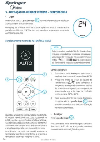 14 256.08.823 - A - 06/21
5 - OPERAÇÃO DA UNIDADE INTERNA - EVAPORADORA
• Ligar
Pressionar a tecla Ligar/Desligar no controle remoto para colocar
a unidade em funcionamento.
O display da unidade interna acende apresentando a temperatura
padrão de fábrica (24°C) e iniciará seu funcionamento no modo
AUTOMÁTICO (AUTO).
Funcionamento no modo AUTOMÁTICO (AUTO)
Como Selecionar:
1. Pressione a tecla Modo para selecionar o
mododefuncionamentoautomático:AUTO.
2. Pressione então as teclas de ajuste de
Temperatura ( / ) para configurar a
temperaturadesejada(incrementosde1°C).
Recomenda-seemgeralqueatemperatura
selecionada seja a da faixa de conforto
térmico, entre 21°C e 24°C.
3. Caso a unidade interna esteja desligada,
pressioneateclaLigar/Desligar para
enviarocomandoaestaeiniciaraoperação
no modo automático.
• Desligar
Tecla Ligar/Desligar .
Pressione esta tecla para desligar a unidade.
Se o modo AUTO não for apropriado, selecione
manualmente as condições desejadas.
QuandoaunidadeforconfiguradanomodoAUTO,
os modos REFRIGERAÇÃO (COOL), AQUECIMENTO
(HEAT - versões quente/frio) ou VENTILAÇÃO (FAN),
são selecionados automaticamente conforme
a diferença de temperatura entre o ambiente
e aquela configurada com o controle remoto.
A unidade controla automaticamente a
temperatura ambiente mantendo-a próxima à
temperatura configurada pelo usuário.
Selecionando o modo AUTO não é necessário
regularavelocidadedoventilador,odisplayda
velocidade do ventilador no controle remoto
indica “ ” e a velocidade
do ventilador é regulada automaticamente.
2
3
1
NOTA
INVERTER
23.0
24
 