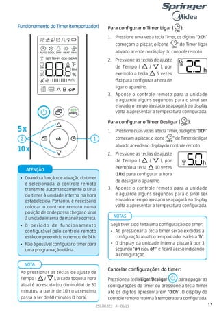 17
256.08.823 - A - 06/21
FuncionamentodoTimer(temporizador) Para configurar o Timer Ligar ( ):
1. Pressione uma vez a tecla Timer, os dígitos “0:0h”
começam a piscar, o ícone “ ” de Timer ligar
ativado acende no display do controle remoto.
2. Pressione as teclas de ajuste
de Tempo ( / ), por
exemplo a tecla 5 vezes
(5x) para configurar a hora de
ligar o aparelho.
3. Aponte o controle remoto para a unidade
e aguarde alguns segundos para o sinal ser
enviado,otempoajustadoseapagaráeodisplay
volta a apresentar a temperatura configurada.
Para configurar o Timer Desligar ( ):
1. PressioneduasvezesateclaTimer,osdígitos“0:0h”
começam a piscar, o ícone “ ” de Timer desligar
ativado acende no display do controle remoto.
2. Pressione as teclas de ajuste
de Tempo ( / ), por
exemplo a tecla 10 vezes
(10x) para configurar a hora
de desligar o aparelho.
3. Aponte o controle remoto para a unidade
e aguarde alguns segundos para o sinal ser
enviado,otempoajustadoseapagaráeodisplay
volta a apresentar a temperatura configurada.
Cancelar configurações do timer:
Pressione a tecla Ligar/Desligar para apagar as
configurações do timer ou pressione a tecla Timer
até os dígitos apresentarem “0:0h”. O display do
controle remoto retorna à temperatura configurada.
2 1
Se já tiver sido feita uma configuração do timer:
• Ao pressionar a tecla timer serão exibidas a
configuraçãoatualdotemporizadorealetra“h”.
• O display da unidade interna piscará por 3
segundo “on e/ou off” e ficará aceso indicando
a configuração.
NOTAS
• Quandoafunçãodeativaçãodotimer
é selecionada, o controle remoto
transmite automaticamente o sinal
do timer à unidade interna na hora
estabelecida. Portanto, é necessário
colocar o controle remoto numa
posição de onde possa chegar o sinal
àunidadeinternademaneiracorreta.
• O período de funcionamento
configurável pelo controle remoto
estácompreendidonotempode24h.
• Nãoépossívelconfigurarotimerpara
uma programação diária.
ATENÇÃO
5x
10x
NOTA
Ao pressionar as teclas de ajuste de
Tempo ( / ), a cada toque a hora
atual é acrescida (ou diminuída) de 30
minutos, a partir de 10h o acréscimo
passa a ser de 60 minutos (1 hora).
 