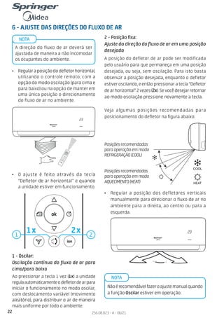 22 256.08.823 - A - 06/21
Posições recomendadas
para operação em modo
REFRIGERAÇÃO (COOL)
Posições recomendadas
para operação em modo
AQUECIMENTO (HEAT)
INVERTER
23
INVERTER
23.0
INVERTER
23
• Regularaposiçãododefletorhorizontal,
utilizando o controle remoto, com a
opção do modo oscilação (para cima e
para baixo) ou na opção de manter em
uma única posição o direcionamento
do fluxo de ar no ambiente.
• Regular a posição dos defletores verticais
manualmente para direcionar o fluxo de ar no
ambiente para a direita, ao centro ou para a
esquerda.
1 - Oscilar:
Oscilação contínua do fluxo de ar para
cima/para baixo
Ao pressionar a tecla 1 vez (1x) a unidade
regulaautomaticamenteodefletordearpara
iniciar o funcionamento no modo oscilar,
com deslocamento variável (movimento
aleatório), para distribuir o ar de maneira
mais uniforme por todo o ambiente.
6 - AJUSTE DAS DIREÇÕES DO FLUXO DE AR
A direção do fluxo de ar deverá ser
ajustada de maneira a não incomodar
os ocupantes do ambiente.
NOTA
Veja algumas posições recomendadas para
posicionamento do defletor na figura abaixo:
Nãoérecomendávelfazeroajustemanualquando
a função Oscilar estiver em operação.
NOTA
1
2x 2
1x
2 - Posição fixa:
Ajuste da direção do fluxo de ar em uma posição
desejada
A posição do defletor de ar pode ser modificada
pelo usuário para que permaneça em uma posição
desejada, ou seja, sem oscilação. Para isto basta
observar a posição desejada, enquanto o defletor
estiveroscilando,eentãopressionaratecla“Defletor
dearhorizontal”2vezes(2x).Sevocêdesejarretornar
ao modo oscilação pressione novamente a tecla.
• O ajuste é feito através da tecla
“Defletor de ar horizontal” e quando
a unidade estiver em funcionamento.
 