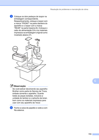 Resolução de problemas e manutenção de rotina
113
C
i Coloque os dois pedaços de isopor na
embalagem correspondente.
Respectivamente, coloque o isopor com
a marca “FRONT” na parte dianteira do
aparelho e o isopor com a marca
“REAR” na parte traseira (6). Coloque o
cabo de alimentação CA e os materiais
impressos na embalagem original como
mostrado abaixo (7).
Observação
Se você estiver devolvendo seu aparelho
Brother como parte do Serviço de Troca,
embale somente o aparelho. Guarde
todas as peças isoladas, inclusive a
unidade do tambor e o cartucho de toner,
bem como os materiais impressos para
usar com seu aparelho da ‘troca’.
j Feche a caixa de papelão e vede-a com
fita adesiva.
 