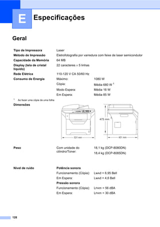 128
E
Geral E
Especificações E
Tipo de Impressora Laser
Método de Impressão Eletrofotografia por varredura com feixe de laser semicondutor
Capacidade da Memória 64 MB
Display (tela de cristal
líquido)
22 caracteres × 5 linhas
Rede Elétrica 110-120 V CA 50/60 Hz
Consumo de Energia Máximo: 1080 W
Cópia: Média 680 W 1
Modo Espera: Média 16 W
Em Espera: Média 85 W
1 Ao fazer uma cópia de uma folha
Dimensões
Peso Com unidade do
cilindro/Toner:
18,1 kg (DCP-8080DN)
18,4 kg (DCP-8085DN)
Nível de ruído Potência sonora
Funcionamento (Cópia): LwAd = 6,95 Bell
Em Espera: LwAd = 4,6 Bell
Pressão sonora
Funcionamento (Cópia): LPAm = 56 dBA
Em Espera: LPAm = 30 dBA
531 mm
475 mm
451 mm
 