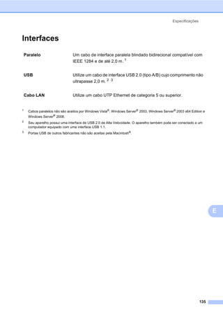 Especificações
135
E
Interfaces E
1 Cabos paralelos não são aceitos por Windows Vista®, Windows Server® 2003, Windows Server® 2003 x64 Edition e
Windows Server®
2008.
2
Seu aparelho possui uma interface de USB 2.0 de Alta Velocidade. O aparelho também pode ser conectado a um
computador equipado com uma interface USB 1.1.
3 Portas USB de outros fabricantes não são aceitas pela Macintosh®.
Paralelo Um cabo de interface paralela blindado bidirecional compatível com
IEEE 1284 e de até 2,0 m. 1
USB Utilize um cabo de interface USB 2.0 (tipo A/B) cujo comprimento não
ultrapasse 2,0 m. 2 3
Cabo LAN Utilize um cabo UTP Ethernet de categoria 5 ou superior.
 