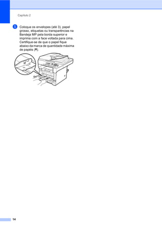 Capítulo 2
14
e Coloque os envelopes (até 3), papel
grosso, etiquetas ou transparências na
Bandeja MP pela borda superior e
imprima com a face voltada para cima.
Certifique-se de que o papel fique
abaixo da marca de quantidade máxima
de papéis (b).
 