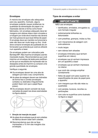Colocando papéis e documentos no aparelho
19
2
Envelopes 2
A maioria dos envelopes são adequados
para seu aparelho. Contudo, alguns
envelopes poderão causar problemas na
qualidade da alimentação de papel e na
impressão devido à forma como foram
fabricados. Um envelope adequado deve ter
margens com dobras retas e bem vincadas e
a margem por onde ele é inserido não deverá
ser mais grossa do que duas folhas de papel.
O envelope deve ser mantido na horizontal e
este não deve ser muito largo ou fino. Você
deve comprar envelopes de qualidade de um
fornecedor que entenda que você os utilizará
num aparelho a laser.
Os envelopes podem ser colocados pela
Bandeja MP. Não imprima envelopes usando
impressão duplex. Recomendamos que você
imprima um envelope de teste para certificar-
se de que os resultados de impressão são os
desejados antes de imprimir ou comprar uma
grande quantidade de envelopes.
Verifique o seguinte:
Os envelopes devem ter uma aba de
selagem por todo o seu comprimento.
As abas de selagem devem ser dobradas
de forma lisa e correta (envelopes
cortados ou dobrados irregularmente
podem fazer com que o papel fique
preso).
Os envelopes devem consistir de duas
camadas de papel nas áreas assinaladas
na figura abaixo.
1 Direção de inserção do papel
As abas de envelopes que já vem coladas
de fábrica devem estar bem coladas.
Recomendamos que não se faça
impressões a 15 mm das margens dos
envelopes.
Tipos de envelopes a evitar 2
IMPORTANTE
NÃO use envelopes:
• danificados, enrolados, enrugados ou
com formato irregular
• extremamente brilhantes ou
texturizados
• com presilhas, grampos, molas ou fios
• com mecanismos de selagem com
auto-adesivos
• muito largos
• sem dobras bem alisadas
• envelopes timbrados (que tenham
superfície em relevo)
• envelopes que já venham impressos
em um aparelho a laser
• envelopes que já venham impressos
no interior
• que você não consiga empilhar
corretamente
• feitos de papel com peso superior às
especificações de peso de papel para
o aparelho
• com margens que não são retas ou
quadradas
• com janelas, buracos, recortes ou
perfurações
• com cola na superfície como ilustrado
na figura a seguir
11
 