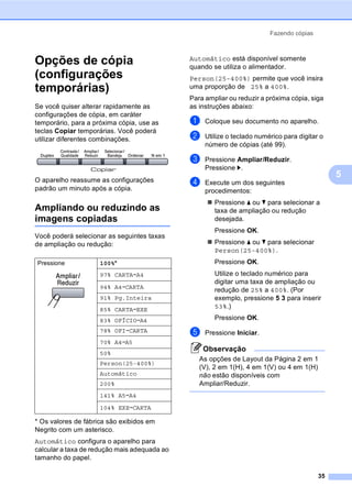 Fazendo cópias
35
5
Opções de cópia
(configurações
temporárias) 5
Se você quiser alterar rapidamente as
configurações de cópia, em caráter
temporário, para a próxima cópia, use as
teclas Copiar temporárias. Você poderá
utilizar diferentes combinações.
O aparelho reassume as configurações
padrão um minuto após a cópia.
Ampliando ou reduzindo as
imagens copiadas 5
Você poderá selecionar as seguintes taxas
de ampliação ou redução:
* Os valores de fábrica são exibidos em
Negrito com um asterisco.
Automático configura o aparelho para
calcular a taxa de redução mais adequada ao
tamanho do papel.
Automático está disponível somente
quando se utiliza o alimentador.
Person(25-400%) permite que você insira
uma proporção de 25% a 400%.
Para ampliar ou reduzir a próxima cópia, siga
as instruções abaixo:
a Coloque seu documento no aparelho.
b Utilize o teclado numérico para digitar o
número de cópias (até 99).
c Pressione Ampliar/Reduzir.
Pressione c.
d Execute um dos seguintes
procedimentos:
Pressione a ou b para selecionar a
taxa de ampliação ou redução
desejada.
Pressione OK.
Pressione a ou b para selecionar
Person(25-400%).
Pressione OK.
Utilize o teclado numérico para
digitar uma taxa de ampliação ou
redução de 25% a 400%. (Por
exemplo, pressione 5 3 para inserir
53%.)
Pressione OK.
e Pressione Iniciar.
Observação
As opções de Layout da Página 2 em 1
(V), 2 em 1(H), 4 em 1(V) ou 4 em 1(H)
não estão disponíveis com
Ampliar/Reduzir.
Pressione 100%*
97% CARTAiA4
94% A4iCARTA
91% Pg.Inteira
85% CARTAiEXE
83% OFÍCIOiA4
78% OFIiCARTA
70% A4iA5
50%
Person(25-400%)
Automático
200%
141% A5iA4
104% EXEiCARTA
 