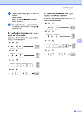 Fazendo cópias
39
5
g Coloque a próxima página no vidro do
scanner.
Pressione OK.
Repita as etapas f e g para cada
página do layout.
h Depois que todas as páginas forem
escaneadas, pressione 2 na etapa f
para concluir.
Se você estiver fazendo uma cópia a
partir do alimentador: 5
Coloque o documento virado para cima na
direção ilustrada abaixo:
2 em 1 (V)
2 em 1 (H)
4 em 1 (V)
4 em 1 (H)
Se você estiver fazendo uma cópia
usando o vidro do scanner: 5
Coloque o documento virado para baixo na
direção ilustrada abaixo:
2 em 1 (V)
2 em 1 (H)
4 em 1 (V)
4 em 1 (H)
 
