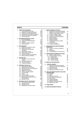 INDICE ESPAÑOL
1. CODIGO DE SEGURIDAD
1.1 Funcionamiento del Código
1.2 Digitación del Código de seguridad
1.3 Indicación visual de Código activo
1.4 Desactivación del Código de seguridad
1.5 Activación del Código de seguridad
1.6 LED de seguridad
2. ENCENDIDO/APAGADO Y AUDIO
2.1 Encendido/Apagado
2.2 Lógica de Encendido/Apagado
2.3 Volumen
2.4 Ajuste de tonalidad y balance
2.5 Fuente de audio
3. SINTONIZADOR
3.1 Selección de la fuente de audio
3.2 Selección de bandas
3.3 Sintonización por búsqueda
automática
3.4 Sintonización manual
3.5 Memorización de emisoras
3.6 Scan de frecuencia
3.7 Automemorización (AUTOSTORE)
3.8 Pasos de frecuencia FM-AM
4. SISTEMA RDS
4.1 Visualización del nombre de la
emisora
4.2 Frecuencias alternativas
4.3 Anuncios de tráfico
4.4 Programas regionales
5. REPRODUCTOR DE CDs
5.1 Modo Reproductor MP3
5.2 Selección del modo de audio
5.3 Reproducción de un tema específico
5.4 Ejecución aleatoria
5.5 Repetición de un tema
5.6 Avance y retroceso rápidos
5.7 Función SCAN
5.8 Pausa
5.9 Función TR/TM
5.10 Función ID/INFO (sólo MP3)
5.11 Selección del modo de lectura de
CDs (sólo MP3)
5.12 Expulsión del CD
6. REPRODUCTOR DE TARJETAS SD
6.1 Para reproducir archivos MP3
6.2 Expulsión del SD
6.3 Mensajes de error
6.4 Reproducción de archivos MP3
7. MANOS LIBRES BLUETOOTH
7.1 Entendiendo la tecnología Bluetooth
7.2 Habilitar las funciones de vinculación
Bluetooth y tipo de Manos Libres
7.3 Vincular un teléfono celular
7.4 Conectar un teléfono celular
7.5 Cancelar una conexión Bluetooth
7.6 Recibir llamadas
7.7 Rechazar llamadas
7.8 Realizar llamadas
7.9 Transferencia del audio durante
una llamada
7.10 Terminar llamadas
7.11 Consejos de seguridad
8. DISPOSITIVOS DE AUDIO EXTERNOS
BLUETOOTH
8.1 Vincular y conectar un dispositivo
8.2 Ajustes
8.3 Desconexión
8.4 Consideraciones en la conexión BT
9. DISPOSITIVOS EXTERNOS POR CABLE
9.1 Entrada de audio auxiliar
9.2 Utilizar un teléfono por cable
9.2.1 Configuración
9.2.2 Realizar llamadas
9.2.3 Recibir llamadas
9.2.4 Terminar llamadas
10. MENU DE CONFIGURACION
11. CONTROL REMOTO
11.1 Sintonía por búsqueda automática
/Reproducción de un tema específico
11.2 Tecla de selección
11.3 Control de volumen
11.4 Selección de la fuente de sonido
12. TABLA DE IDENTIFICACION Y SOLUCION
DE PROBLEMAS
12.1 General
12.2 Radio
12.3 Reproductor de CDs
12.4 Reproductor de tarjetas SDs
12.5 Audio auxiliar
12.6 Conexión Bluetooth
12.7 Teléfonos Bluetooth
12.8 Streaming de audio Bluetooth
12.9 Teléfonos por cable
13. CONECTORES
14. ESPECIFICACIONES TECNICAS
29
38
39
39
39
40
40
41
41
41
41
41
42
42
42
42
43
43
43
43
44
44
44
45
46
46
46
47
47
48
48
49
49
50
52
53
55
55
30
30
31
31
31
31
31
31
32
32
32
32
32
33
33
33
33
33
33
34
34
34
34
35
35
35
35
35
36
36
36
36
36
36
36
37
37
37
38
 