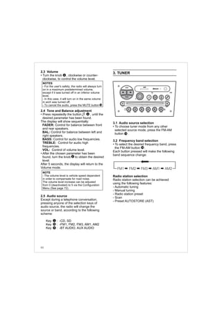 2.3 Volume
• Turn the knob , clockwise or counter-
clockwise, to control the volume level.
2.4 Tone and Balance adjustment
• Press repeatedly the button , until the
desired parameter has been found.
The display will show sequentially:
FADER: Control for balance between front
and rear speakers.
BAL: Control for balance between left and
right speakers.
BASS: Control for audio low frequencies.
TREBLE: Control for audio high
frequencies.
VOL: Control of volume level.
• After the chosen parameter has been
found, turn the knob to obtain the desired
level.
After 5 seconds, the display will return to the
Volume mode.
2.5 Audio source
Except during a telephone conversation,
pressing anyone of the selection keys of
audio source, the radio will change the
source or band, according to the following
scheme:
Key : -CD, SD
Key : -FM1, FM2, FM3, AM1, AM2
Key : -BT AUDIO, AUX AUDIO
2
NOTE
- The volume level is vehicle speed dependent
in order to compensate for road noise.
The volume level increase can be adjusted
from 0 (deactivated) to 5 via the Configuration
Menu (See page 72).
4
2
FM1 FM2 FM3 AM1 AM2
3. TUNER
3.1 Audio source selection
• To choose tuner mode from any other
selected source mode, press the FM-AM
button .
3.2 Frequency band selection
• To select the desired frequency band, press
the FM-AM button .
Each button pressed will make the following
band sequence change:
Radio station selection
Radio station selection can be achieved
using the following features:
- Automatic tuning
- Manual tuning
- Radio station preset
- Scan
- Preset AUTOSTORE (AST)
15
15
NOTES:
- For the user's safety, the radio will always turn
on in a maximum predetermined volume,
except if it was turned off in an inferior volume
level.
- In this case, it will turn on in the same volume
in wich was turned off.
- To cancel the audio, press the MUTE button 14
1
15
9
60
FM-AM
1 2 3 4 5 6
AUX CONN/PAIRMENU
RANDOM ID/INFO TR/TM DA/MP3 TR/DIR REPEAT
MUTE
DIRDIR
CD-SD
AST
SCN
 