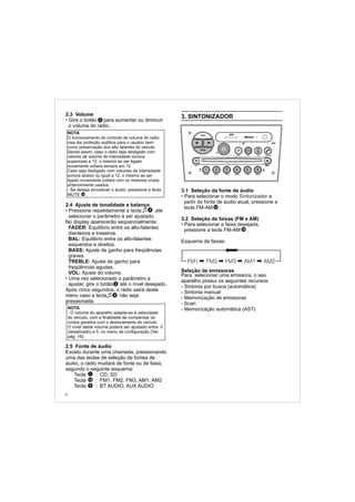 3. SINTONIZADOR
3.1 Seleção da fonte de áudio
Para selecionar o modo a
partir d fonte de áudio atual, pressione a
tecla FM-AM .
3.2 Seleção de faixas (FM e AM)
Para selecionar a faixa desejada,
pressione a tecla FM-AM .
Esquema de faixas:
Seleção de emissoras
Para selecionar uma emissora, o seu
aparelho possui os seguintes recursos:
- Sintonia por busca (automática)
- Sintonia manual
- Memorização de emissoras
- Scan
- Memorização automática (AST)
• Sintonizador
a
•
2.3 Volume
Gire o botão para aumentar ou diminuir
o volume do rádio.
2.4 Ajuste de tonalidade e balanço
Pressione repetidamente a tecla ,até
selecionar o parâmetro a ser ajustado.
No display aparecerão seqüencialmente:
FADER: Equilíbrio entre os alto-falantes
dianteiros e traseiros.
BAL: Equilibrio entre os alto-falantes
esquerdos e direitos.
BASS: Ajuste de ganho para freqüências
graves.
TREBLE: Ajuste de ganho para
freqüências agudas.
VOL: Ajuste do volume.
Uma vez selecionado o parâmetro a
ajustar, gire o botão até o nível desejado.
Após cinco segundos, o rádio sairá deste
menu caso a tecla não seja
pressionada.
2.5 Fonte de áudio
Exceto durante uma chamada, pressionando
uma das teclas de seleção de fontes de
áudio, o rádio mudará de fonte ou de faixa,
segundo o seguinte esquema:
Tecla : CD, SD
Tecla : FM1, FM2, FM3, AM1, AM2
Tecla : BT AUDIO, AUX AUDIO
•
•
•
2
2
4
FM1 FM2 FM3 AM1 AM2
15
15
NOTA
- O volume do aparelho adapta-se à velocidade
do veículo, com a finalidade de compensar os
ruídos gerados com o deslocamento do veículo.
O nível deste volume poderá ser ajustado entre 0
(desativado) e 5, no menu de configuração (Ver
pág. 16).
1
15
9
4
4
NOTA
O funcionamento do controle de volume do radio
visa dar proteção auditiva para o usuário bem
como preservação dos alto falantes do veiculo.
Sendo assim, caso o rádio seja desligado com
valores de volume de intensidade sonora
superiores a 12, o mesmo ao ser ligado
novamente voltará sempre em 12.
Caso seja desligado com volumes de intensidade
sonora abaixo ou igual a 12, o mesmo ao ser
ligado novamente voltará com os mesmos níveis
anteriormente usados.
- Se deseja emudecer o áudio, pressione a tecla
MUTE .14
FM-AM
1 2 3 4 5 6
AUX CONN/PAIRMENU
RANDOM ID/INFO TR/TM DA/MP3 TR/DIR REPEAT
MUTE
DIRDIR
CD-SD
AST
SCN
 