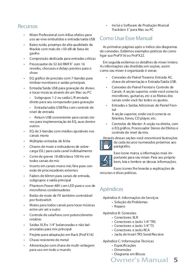 Manual dos Mixers Mackie PROFX16 e PROFX22 (PORTUGUÊS)