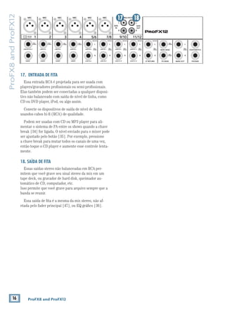 16 ProFX8 and ProFX12
ProFX8andProFX12
17. ENTRADA DE FITA
Essa entrada RCA é projetada para ser usada com
players/gravadores proﬁssionais ou semi-proﬁssionais.
Elas também podem ser conectadas a qualquer disposi-
tivo não balanceado com saída de nível de linha, como
CD ou DVD player, iPod, ou algo assim.
Conecte os dispositivos de saída de nível de linha
usandos cabos hi-ﬁ (RCA) de qualidade.
Podem ser usadas com CD ou MP3 player para ali-
mentar o sistema de PA entre os shows quando a chave
break [34] for ligada. O nível enviado para o mixer pode
ser ajustado pelo botão [35]. Por exemplo, pressione
a chave break para mutar todos os canais de uma vez,
então toque o CD player e aumente esse controle lenta-
mente.
18. SAÍDA DE FITA
Essas saídas stereo não balanceadas em RCA per-
mitem que você grave seu sinal stereo da mix em um
tape deck, ou gravador de hard disk, queimador au-
tomático de CD, computador, etc.
Isso permite que você grave para arquivo sempre que a
banda se reunir.
Essa saída de ﬁta é a mesma da mix stereo, não af-
TAPE
IN
ST RETURN MAIN OUT PHONES
FOOTSWITCH
TAPE
OUT
L
R
L
(UNBALANCED)
R
FX SEND
LINE IN 4
INSERT
BAL /
UNBAL
(MONO) (MONO) (MONO) (MONO)
LINE IN 7
LINE IN 8
BAL /
UNBAL LINE IN 9
MICMICMICMICMICMIC
L
R
(MONO)
LINE IN 5
LINE IN 6
BAL /
UNBAL
L
R
LINE IN 10
BAL /
UNBAL
L
R
LINE IN 11
LINE IN 12
BAL /
UNBAL
L
R
BAL /
UNBAL
L
R
BAL /
UNBAL
L
R
MON SEND
BAL /
UNBAL
BAL /
UNBAL
4
LINE IN 3
INSERT
BAL /
UNBAL
3
LINE IN 2
INSERT
BAL /
UNBAL
BAL /
UNBAL
2
LINE/HI-Z IN 1
INSERT
1 5/6 7/8 9/10 11/12LINE
HI-Z
17 18
 