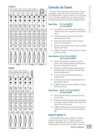 17Owner’s Manual
Owner’sManual
Controles de Canais
Os canais verticais parecem muito similares, apenas
com algumas diferenças. Cada canal funciona de ma-
neira independente, e apenas controla o sinal conectado
em sua entrada localizada acima dos botões. Existem
três diferentes tipos de canais: Mono, Híbrido e Stereo.
Canais Mono (1–4 no ProFX12)
(1–2 no ProFX8)
-
tradas mono de mic e entrada de nível de linha
mono.
entradas de mic e linha.
chave de corte de graves.
direta de um violão.
e picos de médios.
Canais Híbridos (5/6, 7/8 no ProFX12)
(3/4, 5/6 no ProFX8)
graves, esses controles afetam a entrada mono
de mic e a entrada stereo de linha.
entrada de mic. (As entradas stereo de linha
possuem ganhos ﬁxos.)
entrada de mic.
na esquerda e direita.
de um canal mono.
Canais Stereo (9/10, 11/12 no ProFX12)
(7/8 no ProFX8)
nível de linha.
as entradas esquerda e direita. Não existe LED
de nível ou corte de graves.
exatamente como em um canal mono channel
EQ.
GANHO DE UNIDADE “U”
Os mixers Mackie possuem o símbolo “U” em prati-
camente todos canais. Esse “U” signiﬁca “ganho de
unidade,” signiﬁcando que não altera o nível do sinal
(0 dB de ganho). Uma vez que você ajustar o ganho de
TAPE
IN
L
R
(UNBALA
MID
2.5kHz
MID
2.5kHz
MID
2.5kHz
MID
2.5kHz
MID
2.5kHz
80Hz
LOW
U
+15-15
U
+15-15
U
+15-15
INSERT
RL
LOW CUT
100 Hz
U
GAIN
M
IC GAIN
U +50
-20dB +30dB
OL
1
EQ
12kHz
HI
PAN
AUXU
+15OO
MON
FX
U
+15OO
80Hz
LOW
U
+15-15
U
+15-15
U
+15-15
RL
LOW CUT
100 Hz
U
GAIN
M
IC GAIN
U +50
-20dB +30dB
2
EQ
12kHz
HI
PAN
AUXU
+15OO
MON
FX
U
+15OO
80Hz
LOW
U
+15-15
U
+15-15
U
+15-15
LINE IN 2LINE/HI-Z IN 1
INSERT
BAL /
UNBAL
(MONO) (MONO) (MONO)
LINE IN 3
LINE IN 4
BAL /
UNBAL LINE IN 5
RL
LOW CUT
100 Hz
GAIN
3/4
EQ
12kHz
HI
PAN
AUXU
+15OO
MON
FX
U
+15OO
80Hz
LOW
U
+15-15
U
+15-15
U
+15-15
RL
LOW CUT
100Hz
GAIN
MIC GAIN
U +50
MIC GAIN
U +50
5/6
EQ
12kHz
HI
LEVEL
SET
LEVEL
SET
LEVEL
SET
LEVEL
SET
PAN
AUXU
+15OO
MON
FX
U
+15OO
GAIN
MICMICMICMIC
80Hz
LOW
U
+15-15
U
+15-15
U
+15-15
U
+20-20
RL
7/8
EQ
12kHz
HI
PAN
AUXU
+15OO
MON
FX
U
+15OO
dB
30
20
10
10
OO
40
50
5
5
U
60
dB
30
20
10
10
OO
40
50
5
5
U
60
dB
30
20
10
10
OO
40
50
5
5
U
60
dB
30
20
10
10
OO
40
50
5
5
U
60
dB
30
20
10
10
OO
40
50
5
5
U
60
L
R
LINE IN 6
BAL /
UNBAL
L
R
LINE IN 7
LINE IN 8
BAL /
UNBAL
L
R
OL OL OL OL
1 2 3/4 5/6 7/8LINE
HI-Z
LINE
HI-Z
MUTE MUTE MUTE MUTE MUTE
MONO HYBRID STEREO
MONO HYBRID STEREO
ProFX12
ProFX8
TAPE
IN
TAPE
OUT
L
R
L
(UNBALANCED)
R
MID
2.5kHz
MID
2.5kHz
MID
2.5kHz
MID
2.5kHz
MID
2.5kHz
80Hz
LOW
U
+15-15
U
+15-15
U
+15-15
LINE IN 4
INSERT
RL
LOW CUT
100 Hz
U
GAIN
M
IC GAIN
U +50
-20dB +30dB
4
12kHz
HI
MID
2.5kHz
80Hz
LOW
U
+15-15
U
+15-15
U
+15-15
12kHz
HI
MID
2.5kHz
80Hz
LOW
U
+15-15
U
+15-15
U
+15-15
12kHz
HI
MID
2.5kHz
80Hz
LOW
U
+15-15
U
+15-15
U
+15-15
12kHz
HI
PAN
AUXU
+15OO
MON
FX
U
+15OO
RL
PAN
AUXU
+15OO
MON
FX
U
+15OO
RL
PAN
AUXU
+15OO
MON
FX
U
+15OO
RL
PAN
AUXU
+15OO
MON
FX
U
+15OO
80Hz
LOW
U
+15-15
U
+15-15
U
+15-15
RL
LOW CUT
100 Hz
12kHz
HI
PAN
AUXU
+15OO
MON
FX
U
+15OO
80Hz
LOW
U
+15-15
U
+15-15
U
+15-15
BAL /
UNBAL
(MONO) (MONO) (MONO)
LINE IN 7
LINE IN 8
BAL /
UNBAL LINE IN 9
RL
LOW CUT
100 Hz
GAIN
7/85/6
12kHz
HI
PAN
AUXU
+15OO
MON
FX
U
+15OO
80Hz
LOW
U
+15-15
U
+15-15
U
+15-15
RL
MIC GAIN
U +50
GAIN
MIC GAIN
U +50
9/10
12kHz
HI
LEVEL
SET
LEVEL
SET
LEVEL
SET
LOW CUT
100 Hz
U
GAIN
M
IC GAIN
U +50
-20dB +30dB
LEVEL
SET
LEVEL
SET
LEVEL
SET
LOW CUT
100 Hz
U
GAIN
M
IC GAIN
U +50
-20dB +30dB
LOW CUT
100 Hz
U
GAIN
M
IC GAIN
U +50
-20dB +30dB
PAN
AUXU
+15OO
MON
FX
U
+15OO
GAIN
MICMICMICMICMICMIC
80Hz
LOW
U
+15-15
U
+15-15
U
+15-15
U
+20-20
GAIN
U
+20-20
RL
11/12
EQEQEQEQ EQ EQ EQ EQ
12kHz
HI
PAN
AUXU
+15OO
MON
FX
U
+15OO
dB
30
20
10
10
OO
40
50
5
5
U
60
dB
30
20
10
10
OO
40
50
5
5
U
60
dB
30
20
10
10
OO
40
50
5
5
U
60
dB
30
20
10
10
OO
40
50
5
5
U
60
dB
30
20
10
10
OO
40
50
5
5
U
60
dB
30
20
10
10
OO
40
50
5
5
U
60
dB
30
20
10
10
OO
40
50
5
5
U
60
dB
30
20
10
10
OO
40
50
5
5
U
60
L
R
(MONO)
LINE IN 5
LINE IN 6
BAL /
UNBAL
L
R
LINE IN 10
BAL /
UNBAL
L
R
LINE IN 11
LINE IN 12
BAL /
UNBAL
L
R
4
LINE IN 3
INSERT
3
BAL /
UNBAL
3
LINE IN 2
INSERT
2
BAL /
UNBAL
BAL /
UNBAL
2
LINE/HI-Z IN 1
INSERT
1 5/6 7/8 9/10 11/12LINE
HI-Z
1
OL OL OL OL OL OL OL OL
MUTE MUTE MUTE MUTE MUTE MUTE MUTE MUTE
 