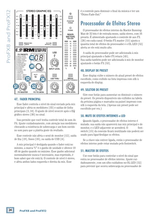 24 ProFX8 and ProFX12
ProFX8andProFX12
47. FADER PRINCIPAL
Esse fader controla o nível do sinal enviado pela mix
principal e afeta os medidores [33] e saídas de linha
principais [3, 14]. O ajuste de nível ococcre após o EQ
Isso permite que você tenha controle total do som do
PA. Ajuste cuidadosamente, com atenção nos medidores
checando a existência de sobrecarga e um bom ouvido
no som para que a platéia goste do reultado.
Esse controle não afeta o send de monitor [12], saída
A mix principal é desligada quando o fader está no
mínimo, a marca “U” é o ganho de unidade e oferece 10
dB de ganho quando no máximo. Esse ganho adicional
normmalmente nunca é necessário, mas repetindo, é
bom saber que ele está lá. O controle de nível é stereo,
e afeta ambos lados esquerda e direita da mix. Esse
é o controle para diminuir o ﬁnal da música e ter um
“Ótimo Fade-Out.”
Processador de Efeitos Stereo
O processador de efeitos interno da Mackie Running-
presets. É alimentado ajustando o controle de aux FX
quantia total de efeitos do processador e o OL LED [52]
alerta se ele está muito alto.
A saída do processador pode ser adicionada à mix
principal ajustando o fader FX return [45].
Sua saída também pode ser adicionada à mix de monitor
ajustando o botão FX [53].
48. DISPLAY DE PRESET
Esse display exibe o número do atual preset de efeitos
escolhido, como exibido na lista impressa com silk à
esquerda do display.
49. SELETOR DE PRESET
Gire esse botão para aumentar ou diminuir o número
do preset. Os presets disponíveis são exibidos na tabela
da próxima página e marcados na painel impresso com
silk à esquerda da tela. (Apenas um preset pode ser
escolhido por vez.)
50. MUTE DE EFEITOS INTERNOS e LED
Quando ligado, o processador de efeitos interno é
mutado. sua saída não aparecerá nas mix principal e de
monitor, e o LED adjacente se acenderá. O foot-
switch [15] da conexão ﬁcará inutilizado não poderá ser
usado para ligar/desligar os efeitos.
Se a chave não estiver ligada, então o processador de
efeitos interno pode estar mutado pelo footswitch.
51. MASTER DE EFEITOS
Use esse botão para controlar o nível do sinal que
entra no processador de efeitos interno. Ajuste cui-
dadosamente, com um olho cuidadoso no OL LED [52]
para previnir que ocorra sobrecarga no processador de
8K4K2K1K500250125
15
15
10
10
5
5
0
15
15
10
10
5
5
0
PHONES
STEREO GRAPHIC EQ
U
+15
FX TO MONFX MASTER
U
+15OO OO
PRESETS
FX PRESETS
01 BRIGHT ROOM
02 WARM LOUNGE
03 SMALL STAGE
04 WARM THEATER
05 WARM HALL
06 CONCERT HALL
13 DELAY 1 (300ms)
14 DELAY 2 (380ms)
15 DELAY 3 (480ms)
16 REVERB + DLY (250ms)
07 PLATE REVERB
08 CATHEDRAL
09 CHORUS
10 CHORUS + REV
11 DOUBLER
12 TAPE SLAP
0dB=0dBu
MAIN
METERS
OL
4
6
3
10
15
7
10
20
30
0
2
BREAK
(MUTES ALL CHANNELS)
PHANTOM
POWER
POWER
OO +10
U
TAPE LEVEL
OO +20
U
USB THRU
OO MAX
OL
MAIN MIX
MON
EQ IN
BYPASS
RLINPUT LEVEL
USB
MUTE
48V
5351
49
48
5052
 