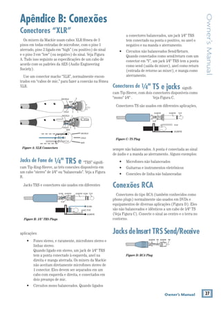 27Owner’s Manual
Owner’sManual
Conectores “XLR”
Os mixers da Mackie usam cabos XLR fêmea de 3
pinos em todas entradas de microfone, com o pino 1
aterrado, pino 2 ligado em “high” (ou positivo) do sinal
e o pino 3 em “low” (ou negativo) do sinal. Veja Figura
A. Tudo isso seguinto as especiﬁcações de um cabo de
acordo com os padrões da AES (Audio Engineering
Society).
Use um conector macho “XLR”, normalmente encon-
trados em “cabos de mic,” para fazer a conexão na fêmea
XLR.
Jacks de Fone de 1⁄4" TRS e “TRS” signiﬁ-
cam Tip-Ring-Sleeve, as três conexões disponíveis em
um cabo “stereo” de 1⁄4" ou “balanceado”. Veja a Figura
B.
aplicações:
linhas stereo.
Quando ligado em stereo, um jack de 1⁄4" TRS
tem a ponta conectado à esquerda, anel na
direita e manga aterrada. Os mixers da Mackie
não aceitam diretamente microfones stereo de
1 conector. Eles devem ser separados em um
cabo com esquerda e direita, e conectados em
dois preamps de mic.
Apêndice B: Conexões
a conectores balanceados, um jack 1⁄4" TRS
tem conectado na ponta o positivo, no anel o
negativo e na manda o aterramento.
Quando conectados como send/return com um
conector em “Y”, um jack 1⁄4" TRS tem a ponta
como send (saída do mixer), anel como return
(entrada de retorno ao mixer), e manga como
aterramento.
Conectores de 1⁄4" TS e jacks signiﬁ-
cam Tip-Sleeve, com dois conectores disponíveis como
“mono” 1⁄4" . Veja Figura C.
Conectores TS são usados em diferentes aplicações,
sempre não balanceados. A ponta é conectada ao sinal
de áudio e a manda ao aterramento. Alguns exemplos:
Conexões RCA
Conectores do tipo RCA (também conhecidos como
phono plugs) normalmente são usados em DVDs e
equipamentos de diversas aplicações (Figura D). Eles
são não balanceados e idênticos a um cabo de 1⁄4" TS
(Veja Figura C). Conecte o sinal ao centro e o terra no
contorno.
JacksdeInsert TRSSend/Receive
SLEEVE
TIP
TIPSLEEVE
TIP
SLEEVE
Figure C: TS Plug
2
2
3 1
1
SHIELD
COLD
HOT
SHIELD
COLD
HOT
3
SHIELD
COLD
HOT
3
2
1
Figure A: XLR Connectors
SLEEVE
TIPSLEEVE
TIP
RING
RING
TIP
SLEEVERING
Figure B: 1⁄4" TRS Plugs
TIPSLEEVETIPSLEEVE
Figure D: RCA Plug
 