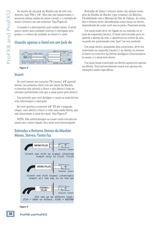 28 ProFX8 and ProFX12
ProFX8andProFX12 Entradas de linha e returns stereo são ótimos exem-
plos da ﬁlosiﬁa da Mackie (que criamos) da Máxima
Flexibilidade com o Mínimo de Dor de Cabeça. As entra-
das e returns serão identiﬁcadas como mono ou stereo,
dependendo de como você usa os jacks. Funciona assim:
Um sinal modo deve ser ligado no na entrada ou re-
turn da esquerda (mono). O sinal será enviado para es-
querda e direita do som, e aparecerá no centro da mix,
ou pode ser posicionado com “pan” em seu controle.
Um sinal stereo, possuindo dois conectores, deve ser
conectado na esquerda (mono) e na direita ou returns.
A chave no conector da direita desligará o funcionamen-
to mono, e o sinal será stereo.
Um sinal mono conectado na direita aparecerá apenas
na direita. Você provavelmente usará isso apenas em
situações muito especíﬁcas.
Os inserts de um jack da Mackie são de três con-
dutores, tipo TRS e 1⁄4". Eles são não balanceados, e
possuem ambas saídas do mixer (send) e a entrada do
mixer (return) em um conector. Veja Figura E.
A manda é o aterramento para ambos sinais. O send
para o mixer para unidade externa é carregado pela
ponta, e o return da unidade ao mixer é o anel.
UsandoapenasoSendemumJackde
Insert
Se você inserir um conector TS (mono) 1⁄4" parcial-
mente (no primeiro click) em um insert da Mackie,
o conector não ativará a chave e não abrirá o loop no
circuito (permitindo com que o sinal passe pelo mixer).
Isso permite que você desligue o canal ou sinal do bus
sem interromper a operação.
Se você apertar o conector 1⁄4" TS até o segundo
clique, voce abrirá a chave e criar uma saída direta, que
não interrompe o sinal do canal. Veja Figura F.
NOTA: Não sobrecarregue ou cause curto-circuito no
sinal com o mixer ligado. Seu sinal será interrompido.
EntradaseReturnsStereodaMackie:
Mono,Stereo,Tantofaz
“tip”
This plug connects to one of the
mixer’s Channel Insert jacks.
“ring”
tip
ring
sleeve
SEND to processor
RETURN from processor
(TRS plug)
Figure E
Direct out with no signal interrupt
Insert only to first “click
Channel Insert
Channel Insert
Channel Insert
Direct out with signal interruptio
Insert all the way in to the sec
For use as an effects loop.
(TIP = SEND to effect, RING = RETURN
MONO PLUG
MONO PLUG
STEREO
PLUG
Figure F
 