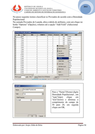 REPÚBLICA DE ANGOLA
UNIVERSIDADE METODISTA DE ANGOLA
CURSO DE AMBIENTE E GESTÃO DO TERRITÓRIO
CADEIRA DE SISTEMA DE INFORMAÇÃO GEOGRÁFICA
Elaborado por: Arqto. Gildo de Brito Página 58
2012
No passo seguinte iremos classificar os Povoados de acordo com a Densidade
Populacional.
Na camada Povoados de Luanda, abra a tabela de atributos, com um clique no
botão “Options” (Opções), rolamos até a opção “Add Field” (Adiccionar
Campo).
Para o “Name”(Nome) digite
Densidade Populacional , em
“type”(tipo) clique em
“text”(texto) e diminua o
comprimento do campo de
50 para 20, em seguida
clique em OK.
 