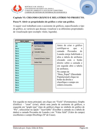 REPÚBLICA DE ANGOLA
UNIVERSIDADE METODISTA DE ANGOLA
CURSO DE AMBIENTE E GESTÃO DO TERRITÓRIO
CADEIRA DE SISTEMA DE INFORMAÇÃO GEOGRÁFICA
Elaborado por: Arqto. Gildo de Brito Página 66
2012
Capitulo VI: CRIANDO GRÁFICO E RELATÓRIO NO PROJECTO.
Passo 9: Abrir as propriedades do gráfico e criar um gráfico.
A seguir você trabalhará com o assistente de gráficos, especificando o tipo
de gráfico, as variáveis que desejas visualizar e as diferentes propriedades
de visualização (por exemplo: titulo, legenda).
Em seguida no menu principal, um clique em “Tools” (Ferramentas), Graphs
(Gráfico) – “creat” (criar), abrirá uma janela de assistente de gráficos, a
esquerda em “graph type” (tipo de gráfico) clique no símbolo do gráfico de
“Pie”, seleccionar na opção “ layertable” (Escolher a camada ou a tabela de
dados) a camada Povoados de Luanda e em “Value field” (Valor do campo)
escolhemos o campo Dwellings (Nº de Casas).
Antes de criar o gráfico
certifique-se que a
camada Povoados de
Luanda esteja habilitada e
abra a tabela de atributos
clicando com o botão
direito sobre a camada e
em seguida abre a tabela
de atributos.
No campo de
“Dens_Popul” (Densidade
Populacional) clique no
botão da direita e
classifique o campo em
ordem crescente.
 
