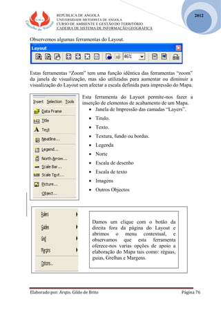 REPÚBLICA DE ANGOLA
UNIVERSIDADE METODISTA DE ANGOLA
CURSO DE AMBIENTE E GESTÃO DO TERRITÓRIO
CADEIRA DE SISTEMA DE INFORMAÇÃO GEOGRÁFICA
Elaborado por: Arqto. Gildo de Brito Página 76
2012
Observemos algumas ferramentas do Layout.
Estas ferramentas “Zoom” tem uma função idêntica das ferramentas “zoom”
da janela de visualização, mas são utilizadas para aumentar ou diminuir a
visualização do Layout sem afectar a escala definida para impressão do Mapa.
Esta ferramenta do Layuot permite-nos fazer a
inserção de elementos de acabamento de um Mapa.
 Janela de Impressão das camadas “Layers”.
 Titulo.
 Texto.
 Textura, fundo ou bordas.
 Legenda
 Norte
 Escala de desenho
 Escala de texto
 Imagens
 Outros Objectos
Damos um clique com o botão da
direita fora da página do Layout e
abrimos o menu contextual, e
observamos que esta ferramenta
oferece-nos varias opções de apoio a
elaboração do Mapa tais como: réguas,
guias, Grelhas e Margens.
 