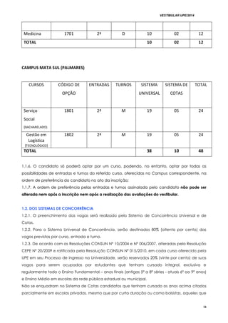 VESTIBULAR UPE/2014
16
Medicina 1701 2ª D 10 02 12
TOTAL 10 02 12
CAMPUS MATA SUL (PALMARES)
CURSOS CÓDIGO DE
OPÇÃO
ENTRADAS TURNOS SISTEMA
UNIVERSAL
SISTEMA DE
COTAS
TOTAL
Serviço
Social
(BACHARELADO)
1801 2ª M 19 05 24
Gestão em
Logística
(TECNOLÓGICO)
1802 2ª M 19 05 24
TOTAL 38 10 48
11..11..66.. OO ccaannddiiddaattoo ssóó ppooddeerráá ooppttaarr ppoorr uumm ccuurrssoo,, ppooddeennddoo,, nnoo eennttaannttoo,, ooppttaarr ppoorr ttooddaass aass
ppoossssiibbiilliiddaaddeess ddee eennttrraaddaass ee ttuurrnnooss ddoo rreeffeerriiddoo ccuurrssoo,, ooffeerreecciiddaass nnoo CCaammppuuss ccoorrrreessppoonnddeennttee,, nnaa
oorrddeemm ddee pprreeffeerrêênncciiaa ddoo ccaannddiiddaattoo nnoo aattoo ddaa iinnssccrriiççããoo;;
11..11..77.. AA oorrddeemm ddee pprreeffeerrêênncciiaa ppeellaass eennttrraaddaass ee ttuurrnnooss aassssiinnaallaaddaa ppeelloo ccaannddiiddaattoo nnããoo ppooddee sseerr
aalltteerraaddaa nneemm aappóóss aa iinnssccrriiççããoo nneemm aappóóss aa rreeaalliizzaaççããoo ddaass aavvaalliiaaççõõeess ddoo vveessttiibbuullaarr..
11..22.. DDOOSS SSIISSTTEEMMAASS DDEE CCOONNCCOORRRRÊÊNNCCIIAA
1.2.1. O preenchimento das vagas será realizado pelo Sistema de Concorrência Universal e de
Cotas.
1.2.2. Para o Sistema Universal de Concorrência, serão destinados 80% (oitenta por cento) das
vagas previstas por curso, entrada e turno.
1.2.3. De acordo com as Resoluções CONSUN Nº 10/2004 e Nº 006/2007, alteradas pela Resolução
CEPE Nº 20/2009 e ratificada pela Resolução CONSUN Nº 015/2010, em cada curso oferecido pela
UPE em seu Processo de ingresso na Universidade, serão reservados 20% (vinte por cento) de suas
vagas para serem ocupadas por estudantes que tenham cursado integral, exclusiva e
regularmente todo o Ensino Fundamental – anos finais (antigas 5ª a 8ª séries - atuais 6º ao 9º anos)
e Ensino Médio em escolas da rede pública estadual ou municipal.
Não se enquadram no Sistema de Cotas candidatos que tenham cursado os anos acima citados
parcialmente em escolas privadas, mesmo que por curta duração ou como bolsistas, aqueles que
 