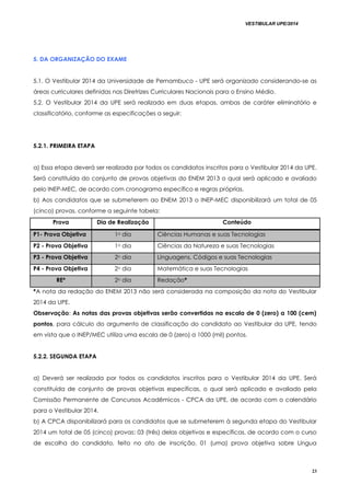 VESTIBULAR UPE/2014
23
5. DA ORGANIZAÇÃO DO EXAME
5.1. O Vestibular 2014 da Universidade de Pernambuco - UPE será organizado considerando-se as
áreas curriculares definidas nas Diretrizes Curriculares Nacionais para o Ensino Médio.
5.2. O Vestibular 2014 da UPE será realizado em duas etapas, ambas de caráter eliminatório e
classificatório, conforme as especificações a seguir:
5.2.1. PRIMEIRA ETAPA
a) Essa etapa deverá ser realizada por todos os candidatos inscritos para o Vestibular 2014 da UPE.
Será constituída do conjunto de provas objetivas do ENEM 2013 o qual será aplicado e avaliado
pelo INEP-MEC, de acordo com cronograma específico e regras próprias.
b) Aos candidatos que se submeterem ao ENEM 2013 o INEP-MEC disponibilizará um total de 05
(cinco) provas, conforme a seguinte tabela:
Prova Dia de Realização Conteúdo
P1- Prova Objetiva 1o dia Ciências Humanas e suas Tecnologias
P2 - Prova Objetiva 1o dia Ciências da Natureza e suas Tecnologias
P3 - Prova Objetiva 2o dia Linguagens, Códigos e suas Tecnologias
P4 - Prova Objetiva 2o dia Matemática e suas Tecnologias
RE* 2o dia Redação*
*A nota da redação do ENEM 2013 não será considerada na composição da nota do Vestibular
2014 da UPE.
Observação: As notas das provas objetivas serão convertidas na escala de 0 (zero) a 100 (cem)
pontos, para cálculo do argumento de classificação do candidato ao Vestibular da UPE, tendo
em vista que o INEP/MEC utiliza uma escala de 0 (zero) a 1000 (mil) pontos.
5.2.2. SEGUNDA ETAPA
a) Deverá ser realizada por todos os candidatos inscritos para o Vestibular 2014 da UPE. Será
constituída de conjunto de provas objetivas específicas, o qual será aplicado e avaliado pela
Comissão Permanente de Concursos Acadêmicos - CPCA da UPE, de acordo com o calendário
para o Vestibular 2014.
b) A CPCA disponibilizará para os candidatos que se submeterem à segunda etapa do Vestibular
2014 um total de 05 (cinco) provas: 03 (três) delas objetivas e específicas, de acordo com o curso
de escolha do candidato, feito no ato de inscrição, 01 (uma) prova objetiva sobre Língua
 