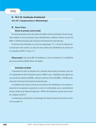 SESI/SP – Manual de Segurança e Saúde no Trabalho (Indústria do Vestuário)
108
PPRA
■ 10.5.10. Avaliação Ambiental
10.5.10.1. Equipamentos e Metodologia
■ Risco Físico
■ Níveis de pressão sonora (ruído)
Os níveis de pressão sonora dos postos de trabalho foram quantificados através do apa-
relho medidor de nível de pressão sonora (decibelímetro), calibrado conforme normas CEI
60651 e CEI 804 produzidas pela Commission Electrotechnical Internationale.
As leituras foram efetuadas no circuito de compensação “A” e circuito de resposta len-
ta (slow) para ruído contínuo, na altura da zona auditiva dos trabalhadores de acordo com
as instruções da (NR-15, Anexo no
1).
Observação: Este anexo (NR-15) estabelece o Limite de tolerância (L.T.) de 85dB (A)
para uma jornada de 08:00h diárias de trabalho.
■ Dosimetria de Ruído
A dosimetria de ruído foi realizada com o aparelho denominado de dosímetro, para me-
dir a quantidade de nível de pressão sonora em dB(A) a que o trabalhador está exposto em
uma jornada de trabalho de 08:00h, calibrado conforme normas CEI 60651 e CEI 804 produ-
zidas pela Commission Electrotechnical Internationale.
As medições foram feitas na altura da zona auditiva dos trabalhadores, num período re-
presentativo da exposição ocupacional ao ruído em conformidade com os procedimentos
técnicos da Norma de Higiene Ocupacional – NHO 01 da Fundacentro, que por sua vez aten-
de o disposto da NR-15.
A nomenclatura utilizada para a interpretação dos dados de dosimetria encontra-se des-
crita no quadro 10.
 