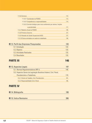 SESI/SP – Manual de Segurança e Saúde no Trabalho (Indústria do Vestuário)
12
11.5.6 Estrutura 113
11.5.6.1 Coordenador do PCMSO 113
11.5.6.2 Competências e responsabilidades 114
11.5.6.3 Controle biológico para riscos ambientais por setores, funções
e periodicidade 117
11.5.7 Relatório Anual do PCMSO 126
11.5.8 Primeiros Socorros 127
11.5.9 Atestado de Saúde Ocupacional (ASO) 127
11.5.10 Outras atividades em saúde do trabalhador 130
■ 12. Perfil das Empresas Pesquisadas 133
12.1 Introdução 133
12.2 Objetivo 133
12.3 Atividades Realizadas 133
12.4 Resultados 133
PARTE III 146
■ 13. Aspectos Legais 147
13.1 Normas Regulamentadoras (NR´s) 148
13.2 Aspectos Gerais da Legislação Brasileira Federal, Civil, Penal,
Previdenciária e Trabalhista. 179
13.2.1 Direito do Trabalho, Civil, Previdenciário 181
13.2.2 Responsabilidade Civil e Penal 195
PARTE IV
■ 14. Bibliografia 199
■ 15. Índice Remissivo 206
 